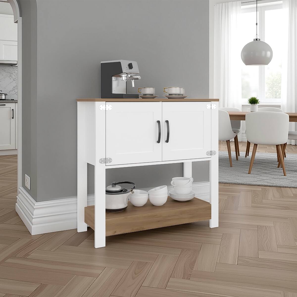 Front. Loheer - Loheer white and natural oak coffee station coffee bar cabinet with storage doors 35 Inch - White and Natural.