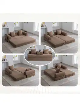 Trinkets Crazed - Convertible Sleeper Sofa Bed With 2 Pillows, 78.5" Corduroy Folding Mattress Couch With Fixed-Shape Frame - Brown