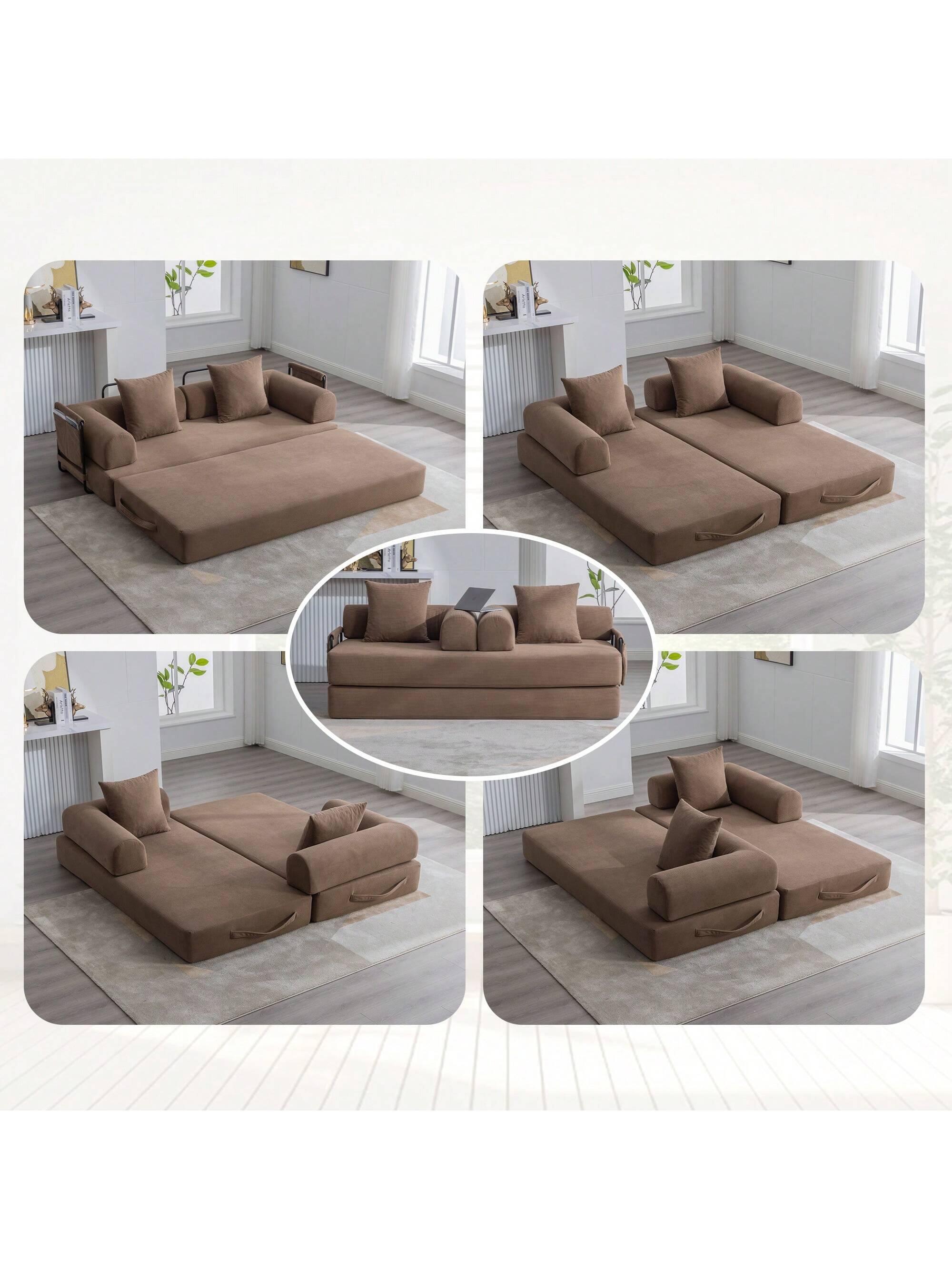 Front. Trinkets Crazed - Convertible Sleeper Sofa Bed With 2 Pillows, 78.5" Corduroy Folding Mattress Couch With Fixed-Shape Frame - Brown.