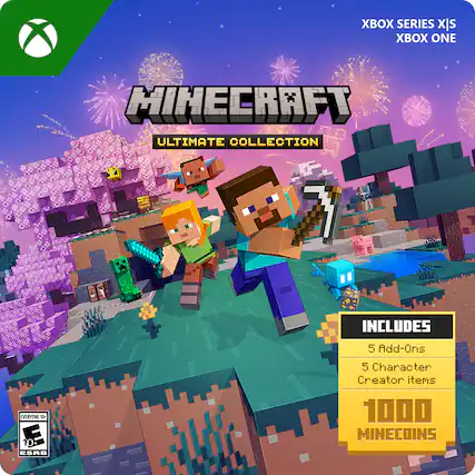 XBOX SERIES X|S XBOX ONE MINECRAFT ULTIMATE COLLECTION INCLUDES 5 Add-Ons EVERYONE 10+ 10 ESRB 5 Character Creator items 1000 MINECOINS - E10+ (Everyone 10+)