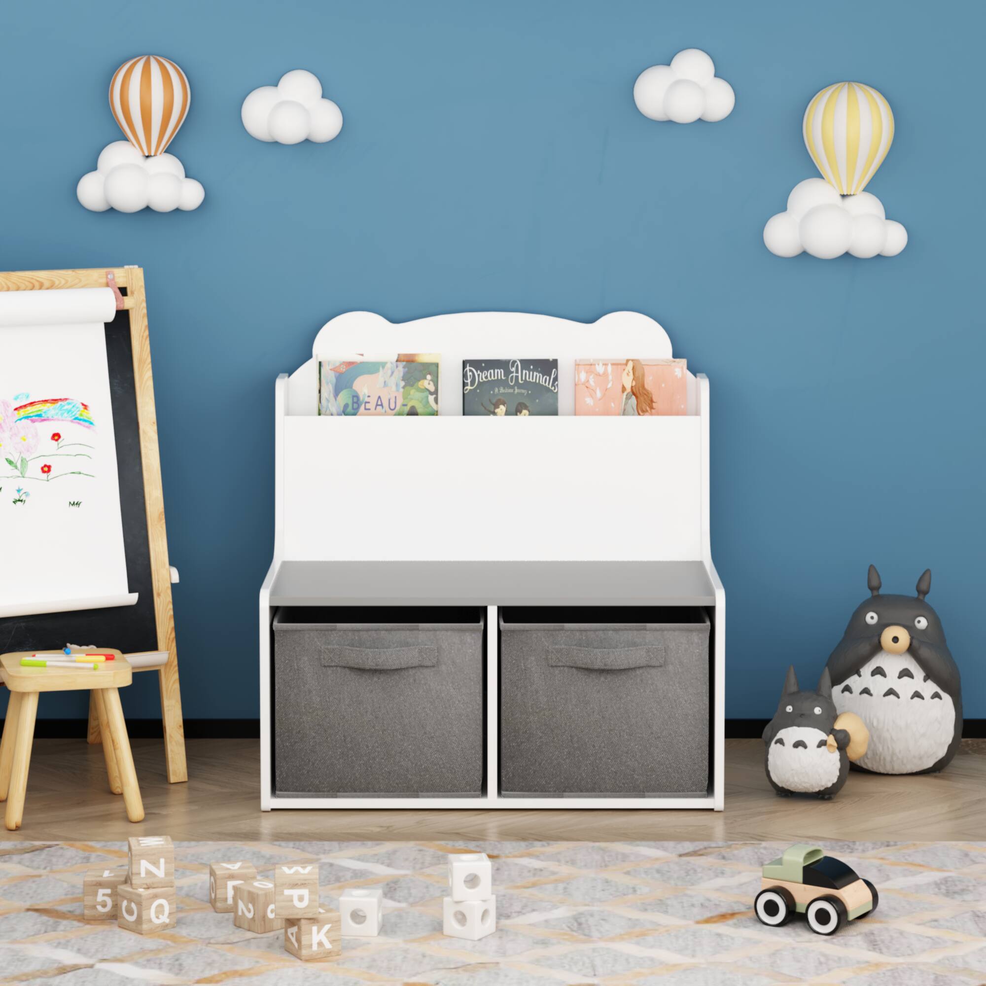 Tiramisubest Kids Bookcase with Book Display Shelf and 2 Fabric Storage ...