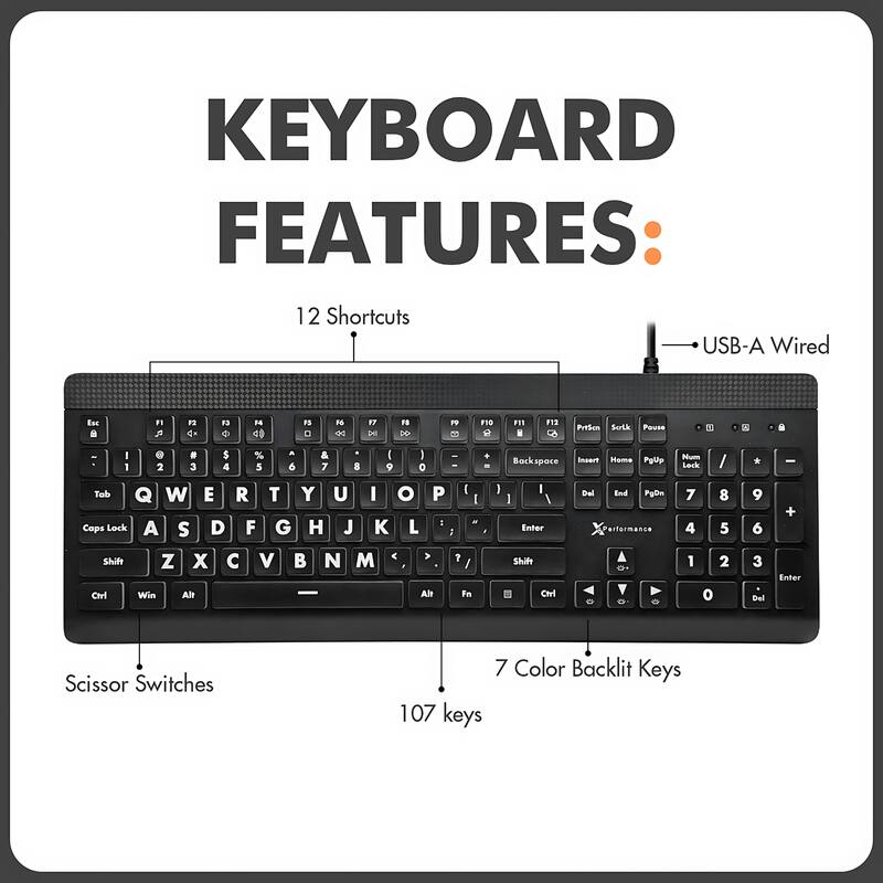 **KEYBOARD FEATURES**

- **12 Shortcuts**
- **USB-A Wired**
- **Scissor Switches**
- **7 Color Backlit Keys**
- **107 Keys**