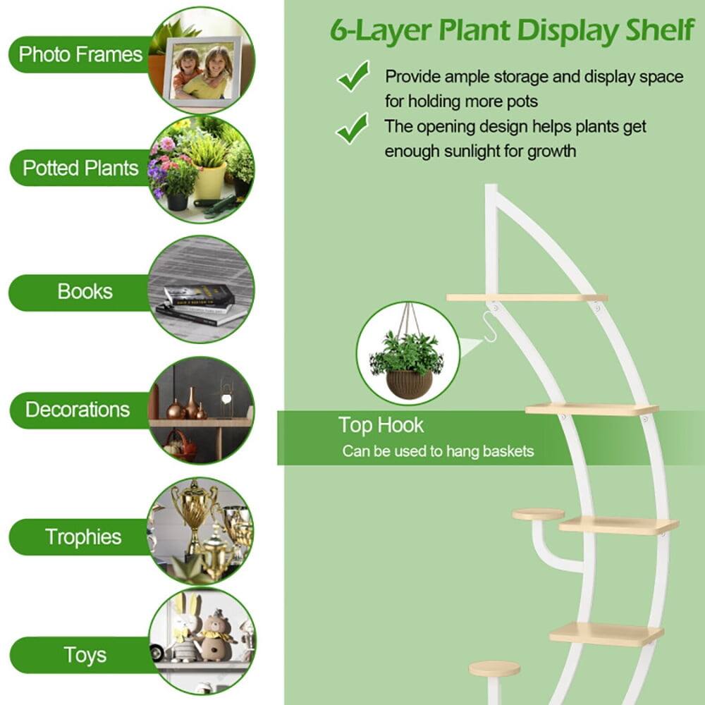 Photo Frames  
Potted Plants  
Books  
Decorations  
Trophies  
Toys  

6-Layer Plant Display Shelf  
- Provide ample storage and display space for holding more pots  
- The opening design helps plants get enough sunlight for growth  

Top Hook  
- Can be used to hang baskets