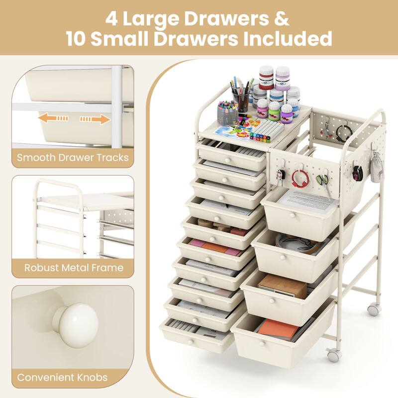 4 Large Drawers & 10 Small Drawers Included  
Smooth Drawer Tracks  
Robust Metal Frame  
Convenient Knobs