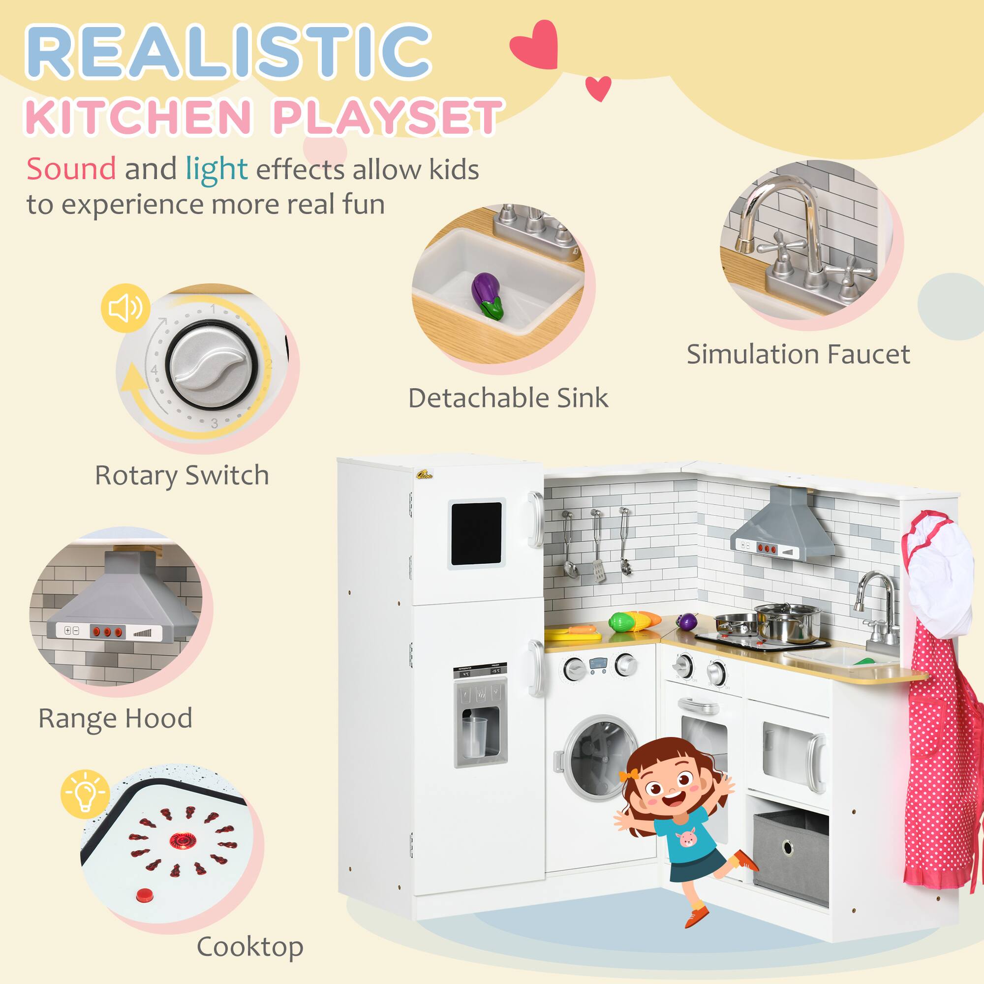 REALISTIC KITCHEN PLAYSET

Sound and light effects allow kids to experience more real fun

- Rotary Switch
- Detachable Sink
- Simulation Faucet
- Range Hood
- Cooktop