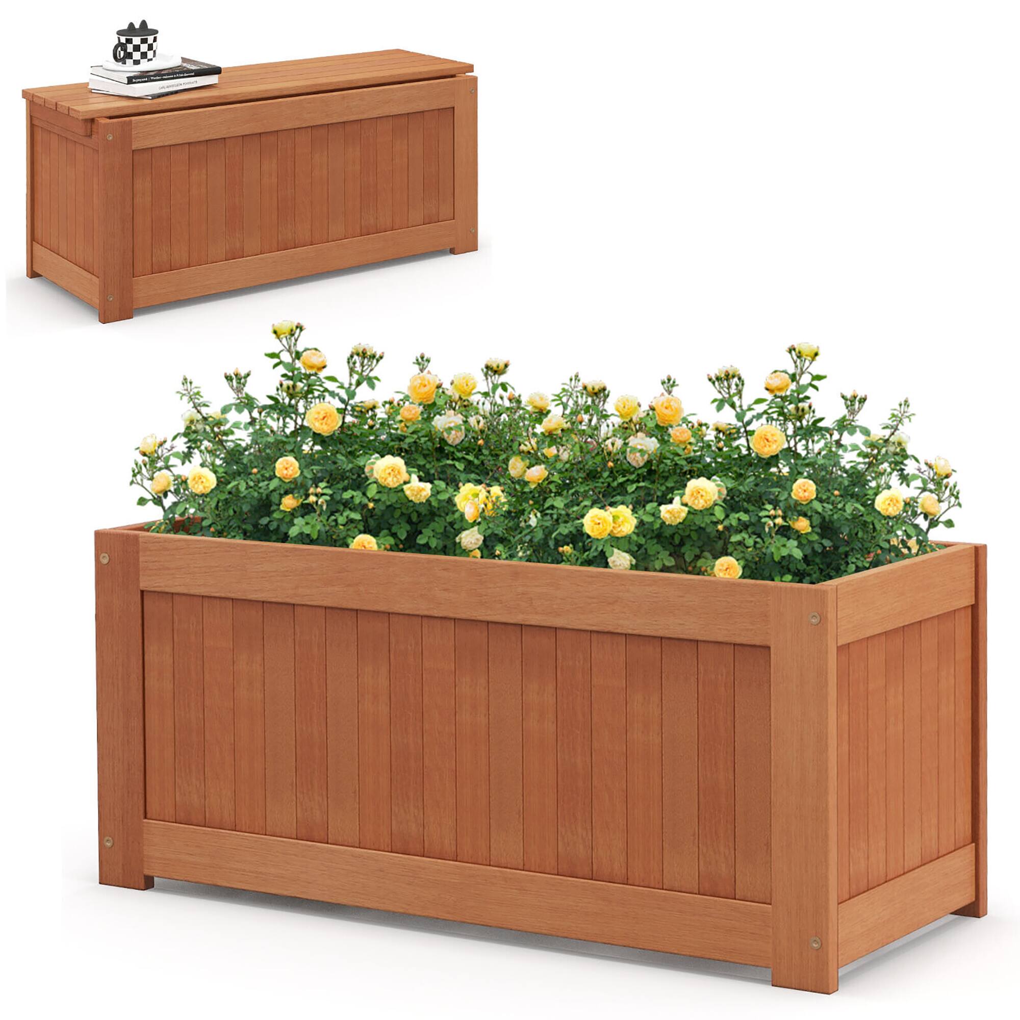 Front. Gymax - Gymax Wood Outdoor Planter Box w/ Seat 2-in-1 Wooden Raised Garden Bed & Bench - Natural.