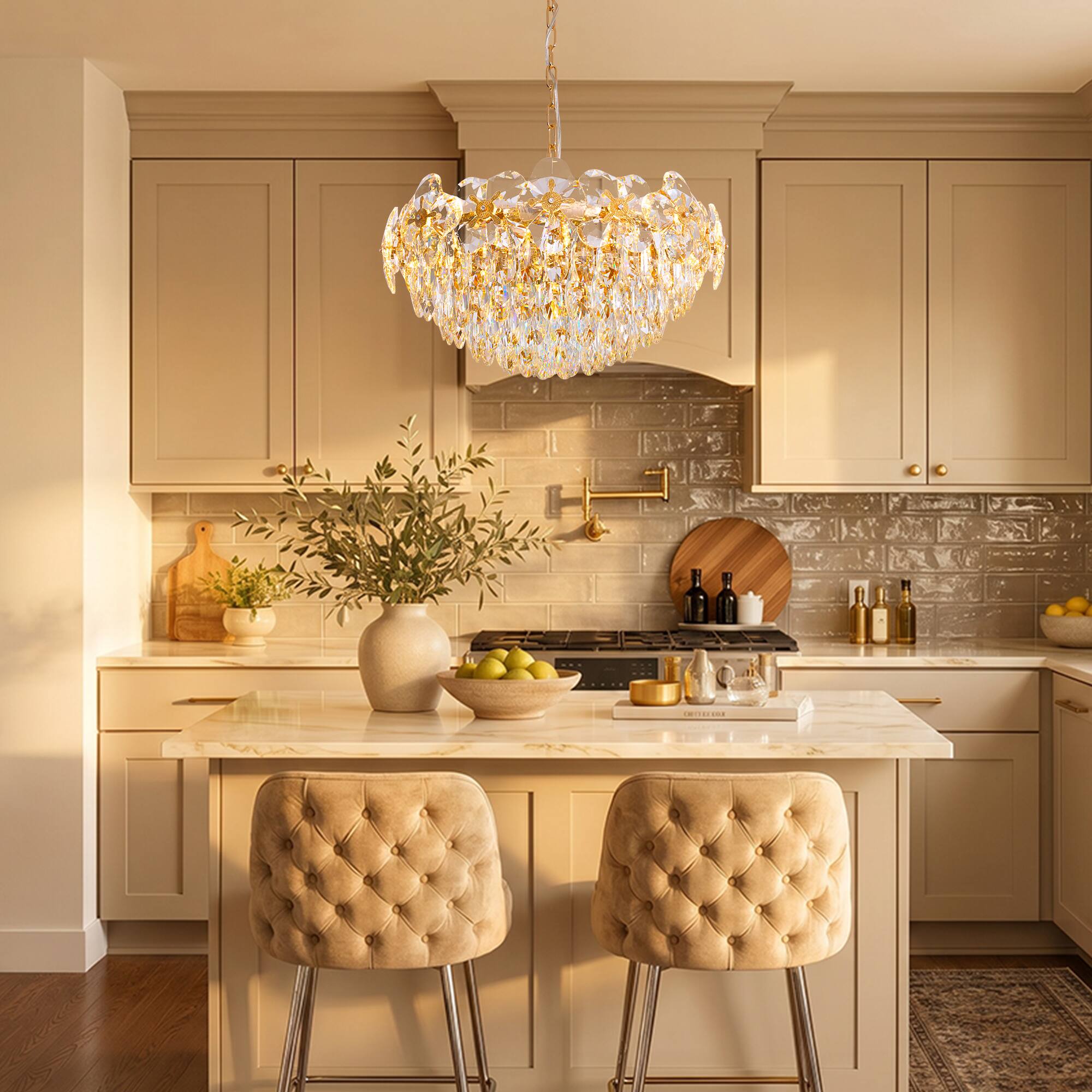 Alt View 2. Siljoy - 24 Inch Round Luxury Crystal Chandelier, Modern Gold 4-Leaf Floral Pendant Light for Kitchen Living Room  Foyer - Rose Gold.