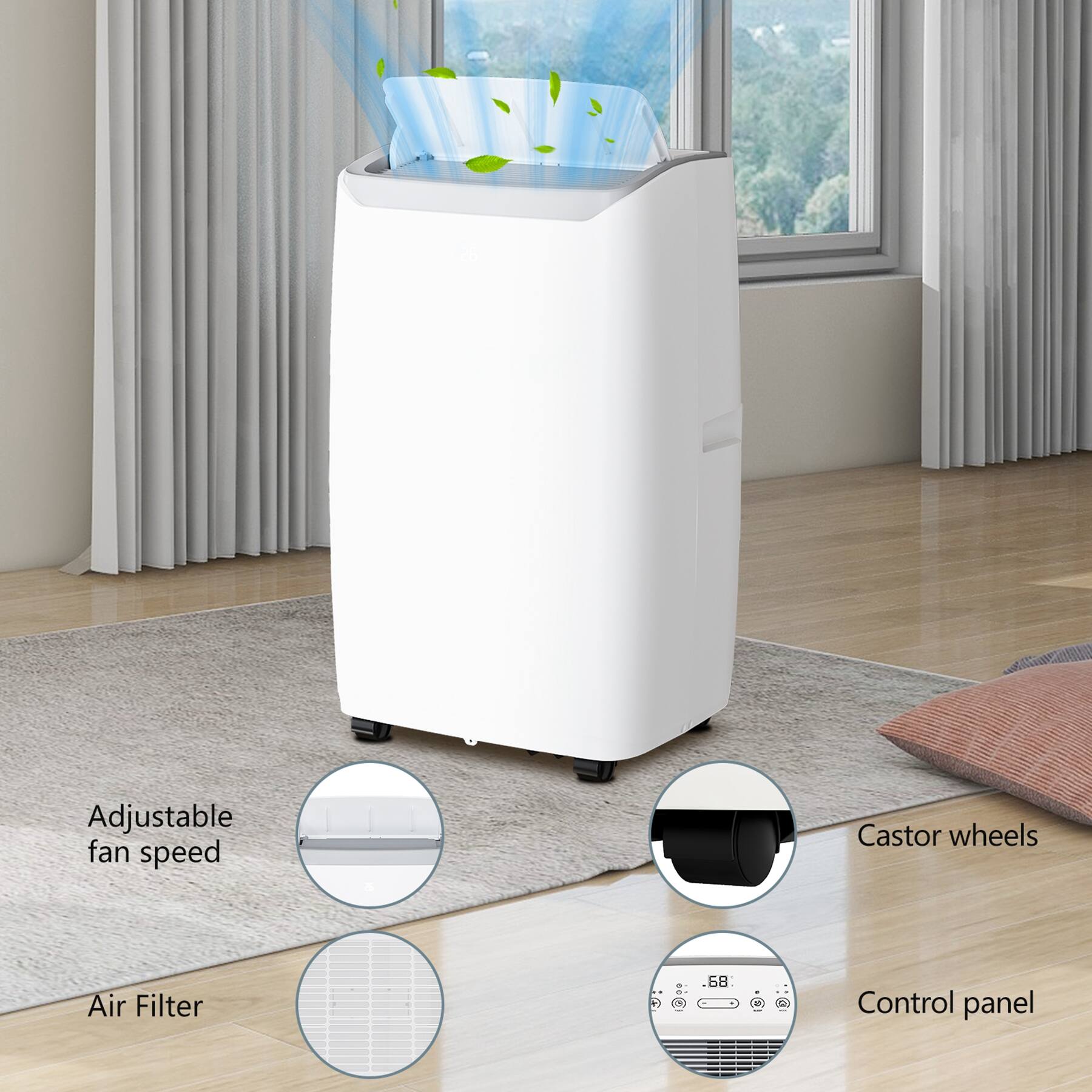 Adjustable fan speed  
Air Filter  
Caster wheels  
Control panel