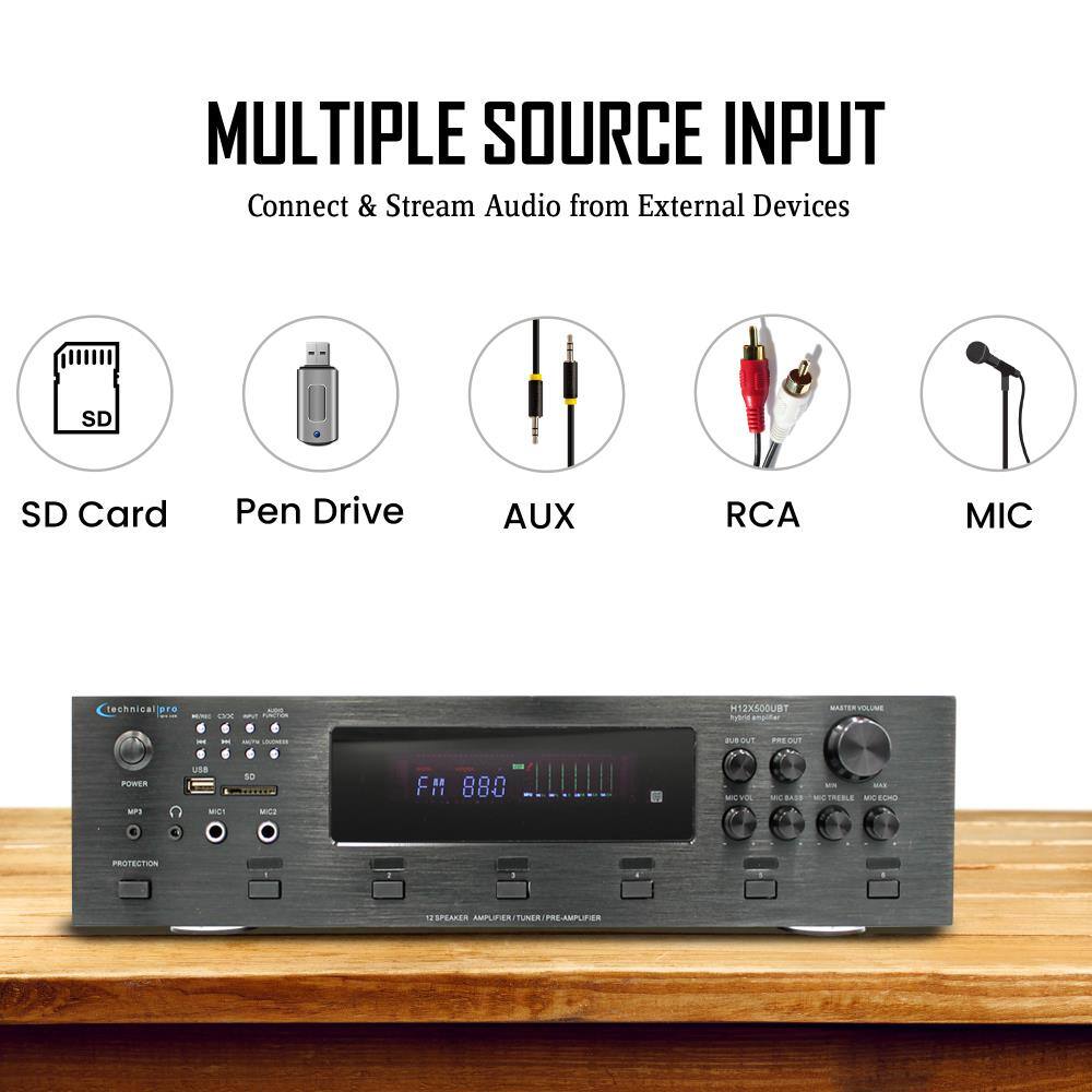 MULTIPLE SOURCE INPUT  
Connect & Stream Audio from External Devices

SD Card  
Pen Drive  
AUX  
RCA  
MIC  

technical pro  
KBC HINGE ox MPV  
H12X500UBT  
M  
1  
HAVE  
MX  
PREOUT  
POWER MP3  
USB MC1  
so MICO  
FM 880  
MC  
ITA MC MOTREBLE MIC ECHO  
PROTECTION  
12 SPEAKER AMPLIFIER/TUNER PRE-AMPLIFIER