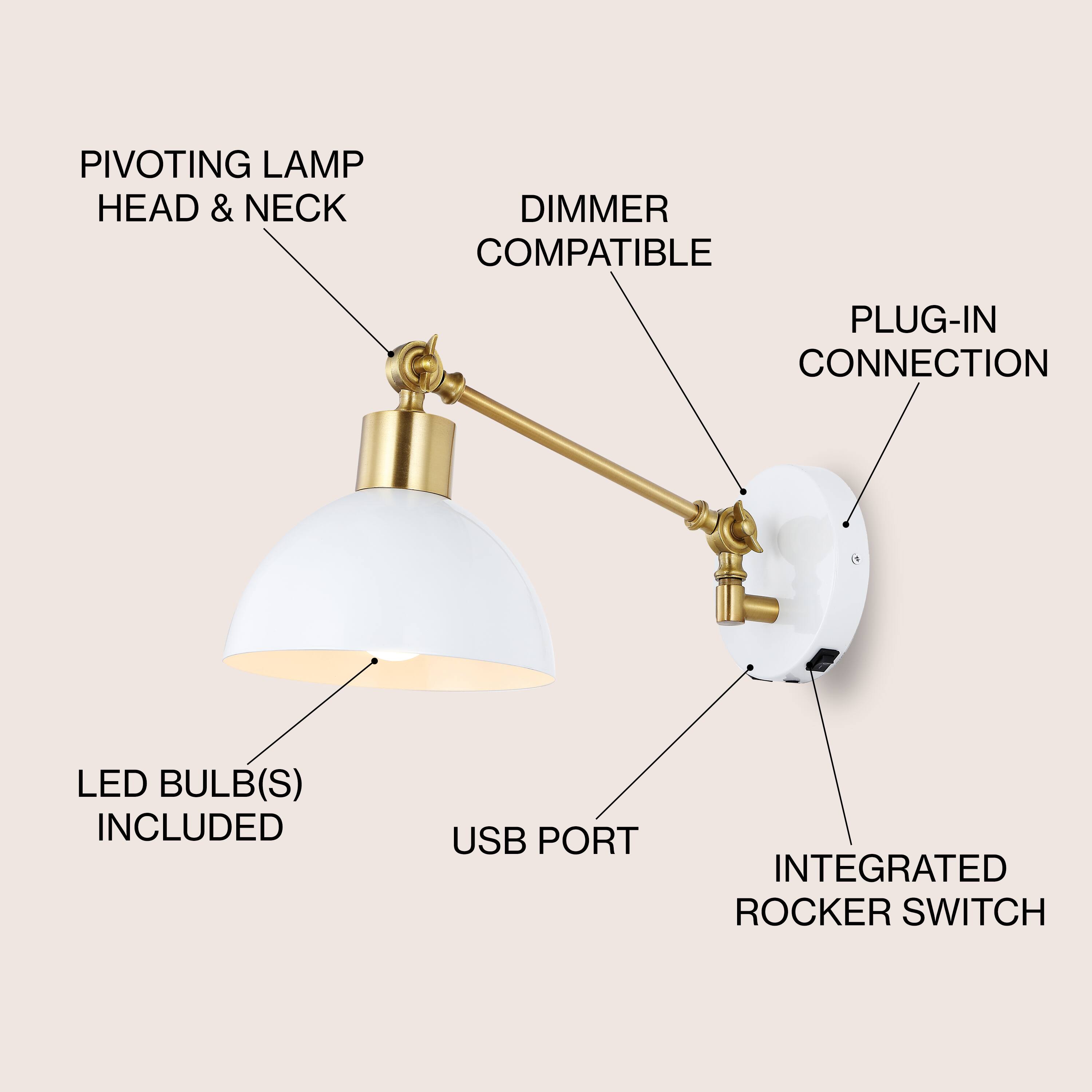 PIVOTING LAMP HEAD & NECK  
DIMMER COMPATIBLE  
PLUG-IN CONNECTION  
LED BULB(S) INCLUDED  
USB PORT  
INTEGRATED ROCKER SWITCH
