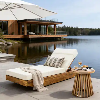 Front. Anysun - Assembly Foldable Design Modern Acacia Wood Outdoor Chaise Lounge with Water-Repellent Cushion, Integrated Headrest - Beige.