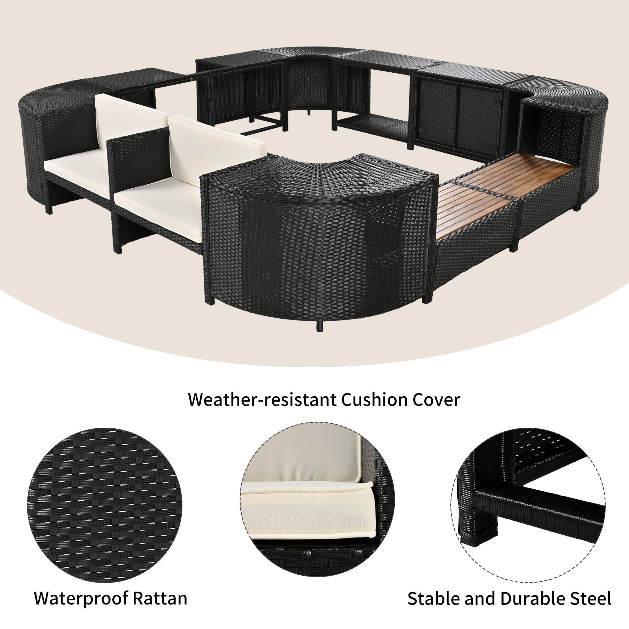 Weather-resistant Cushion Cover  
Waterproof Rattan  
Stable and Durable Steel
