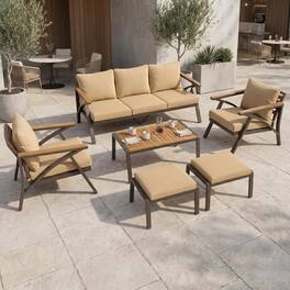 Whisen - 6-Piece Outdoor Patio Furniture Set with Acacia Wood Table, Steel Sofa, Armchairs & Ottomans for Garden - Brown