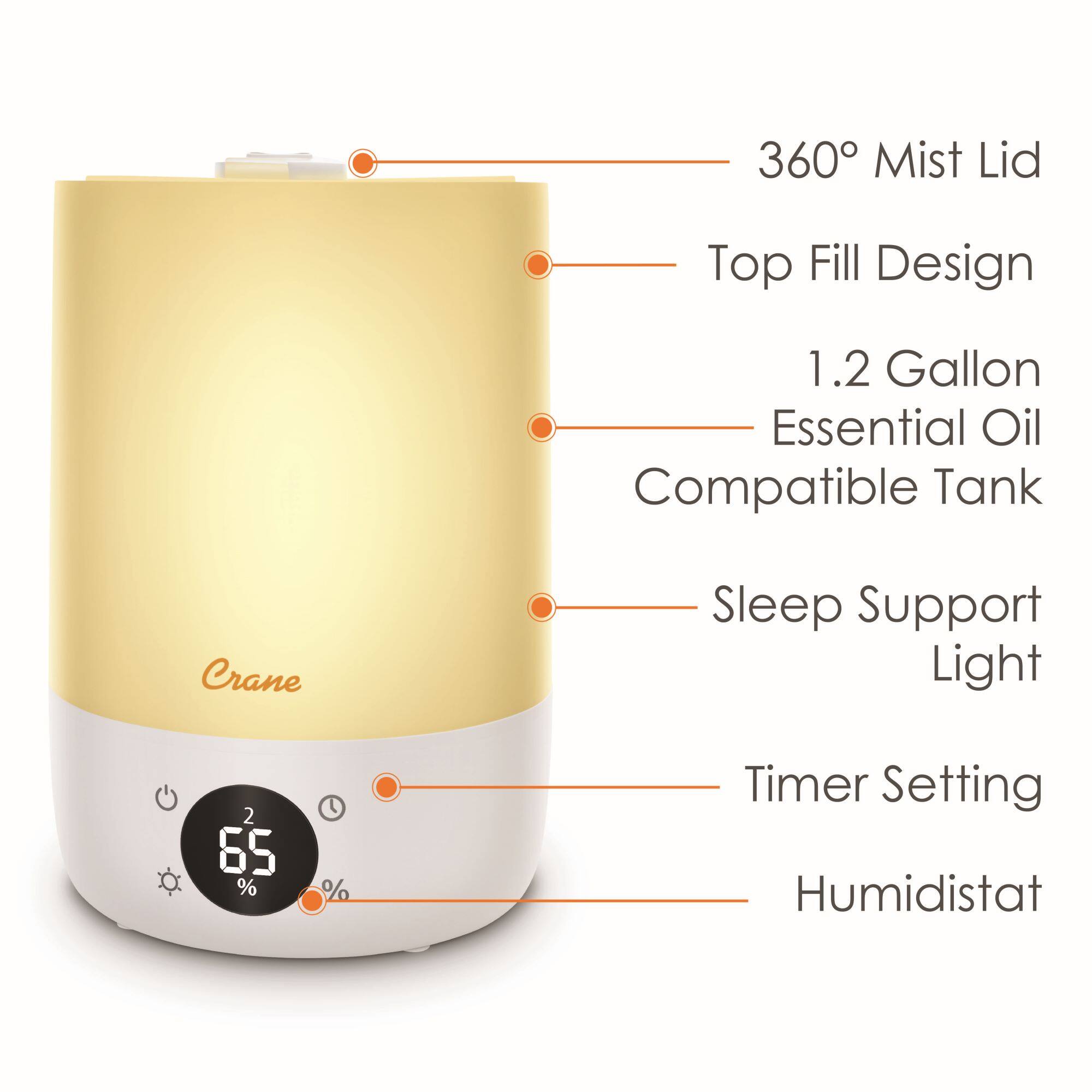 Alt View 11. CRANE - Top Fill Cool Mist Humidifier – 1.2 Gallon with Sleep Support Light & Essential Oil Tray - White.