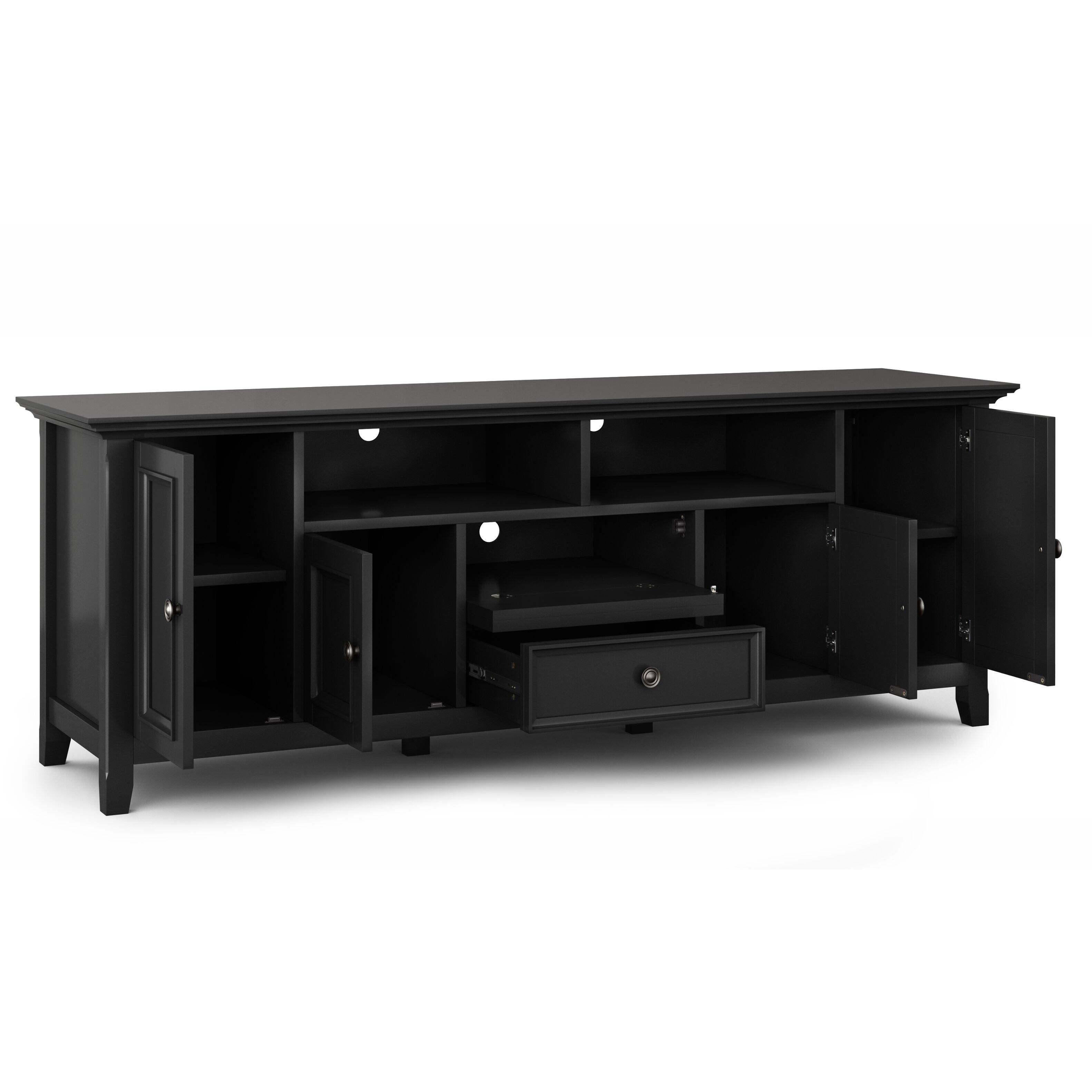 Left. Simpli Home - Amherst Solid Wood Transitional 72 inch Wide TV Stand with Two 24 inch Wide 5 Shelf Bookcases in Black (Set of 3) - Black.