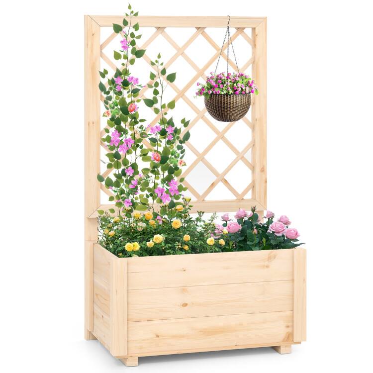 SlickBlue - Outdoor Raised Planter Box, Wood Construction, with Lattice Trellis - Natural