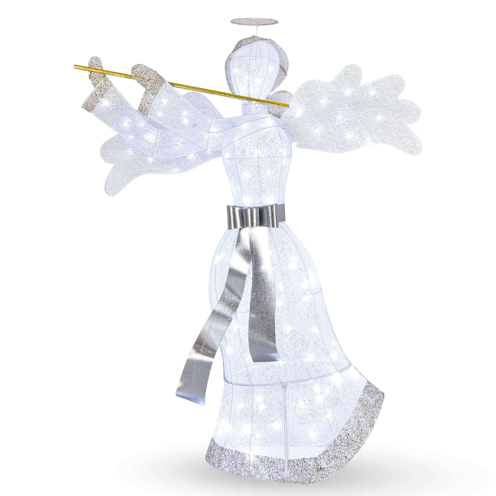 Front. Costway - Pre-Lit Angel Christmas Decoration, Artificial Christmas Decor w/ 100 LED Lights - White/Gold.
