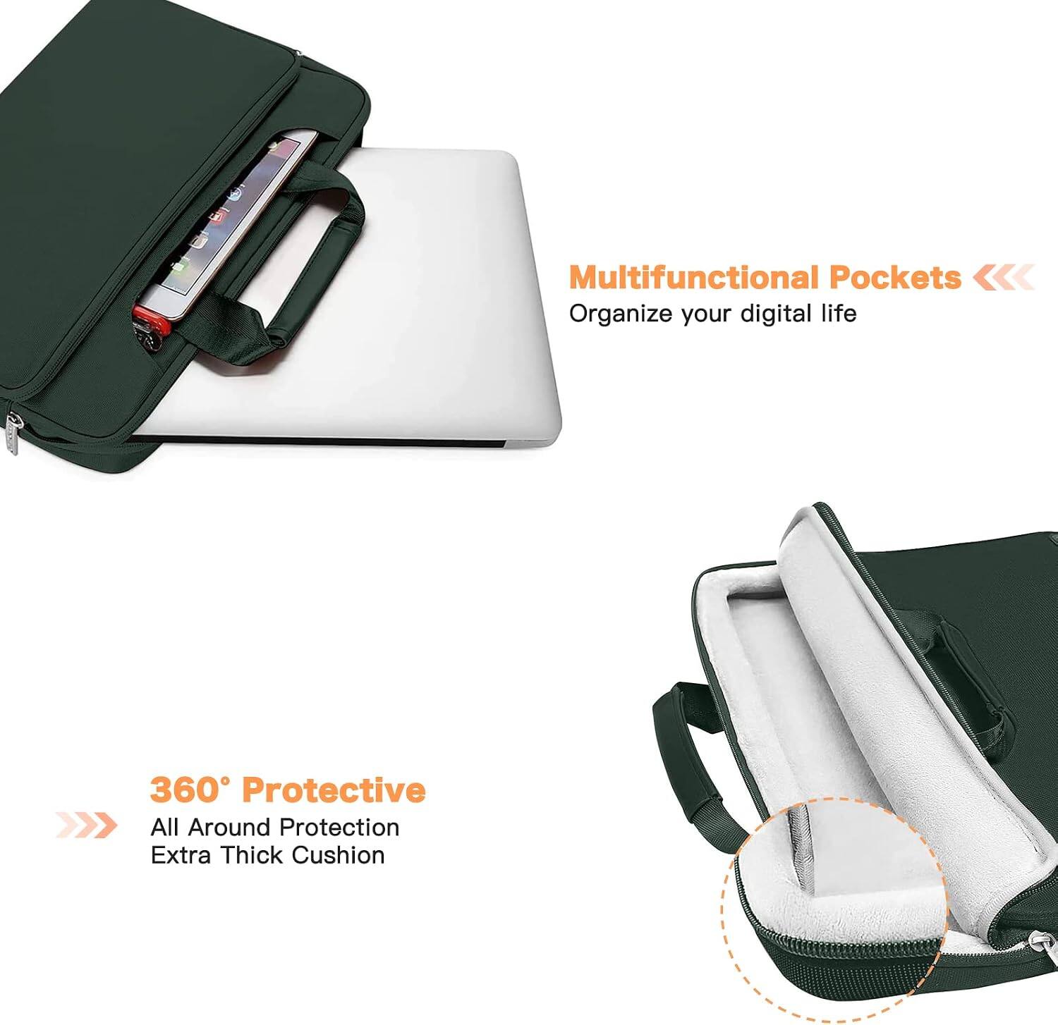 Multifunctional Pockets  
Organize your digital life

360° Protective  
All Around Protection  
Extra Thick Cushion