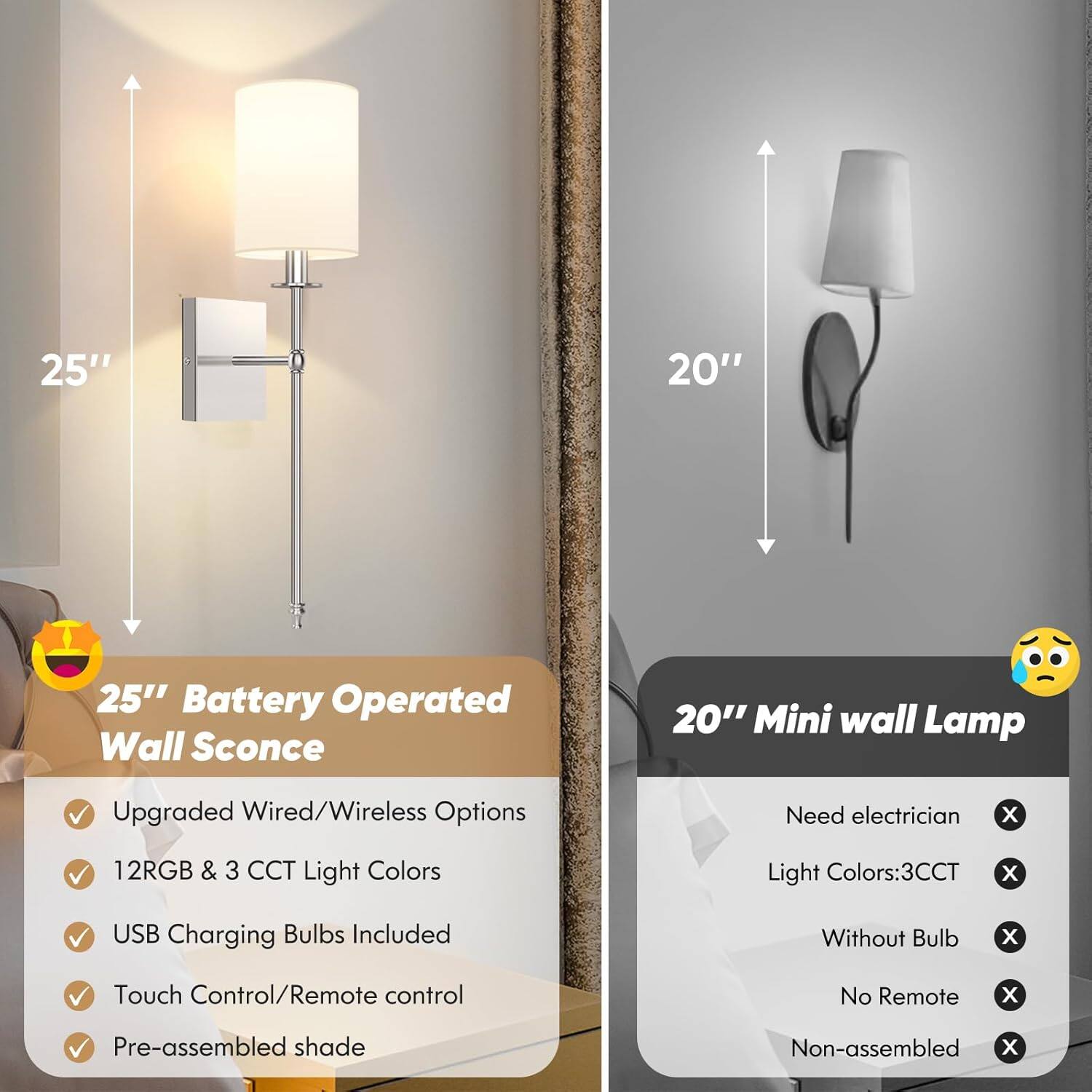 **25" Battery Operated Wall Sconce**

- Upgraded Wired/Wireless Options
- 12RGB & 3 CCT Light Colors
- USB Charging Bulbs Included
- Touch Control/Remote control
- Pre-assembled shade

**20" Mini Wall Lamp**

- Need electrician
- Light Colors: 3 CCT
- Without Bulb
- No Remote
- Non-assembled