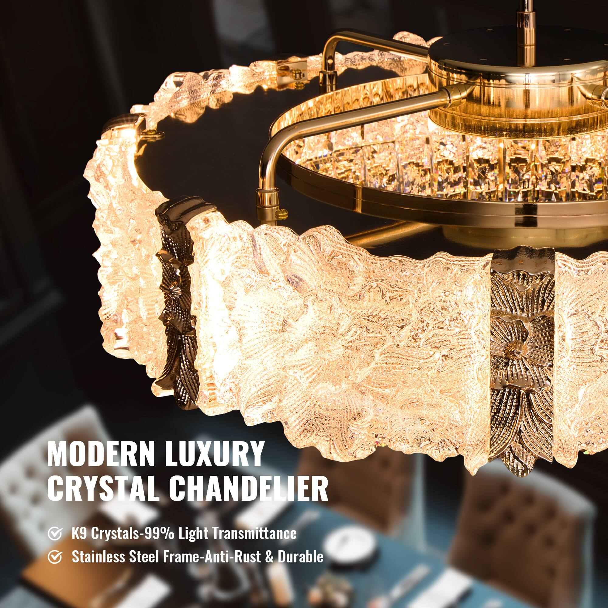 MODERN LUXURY CRYSTAL CHANDELIER

- K9 Crystals-99% Light Transmittance
- Stainless Steel Frame-Anti-Rust & Durable