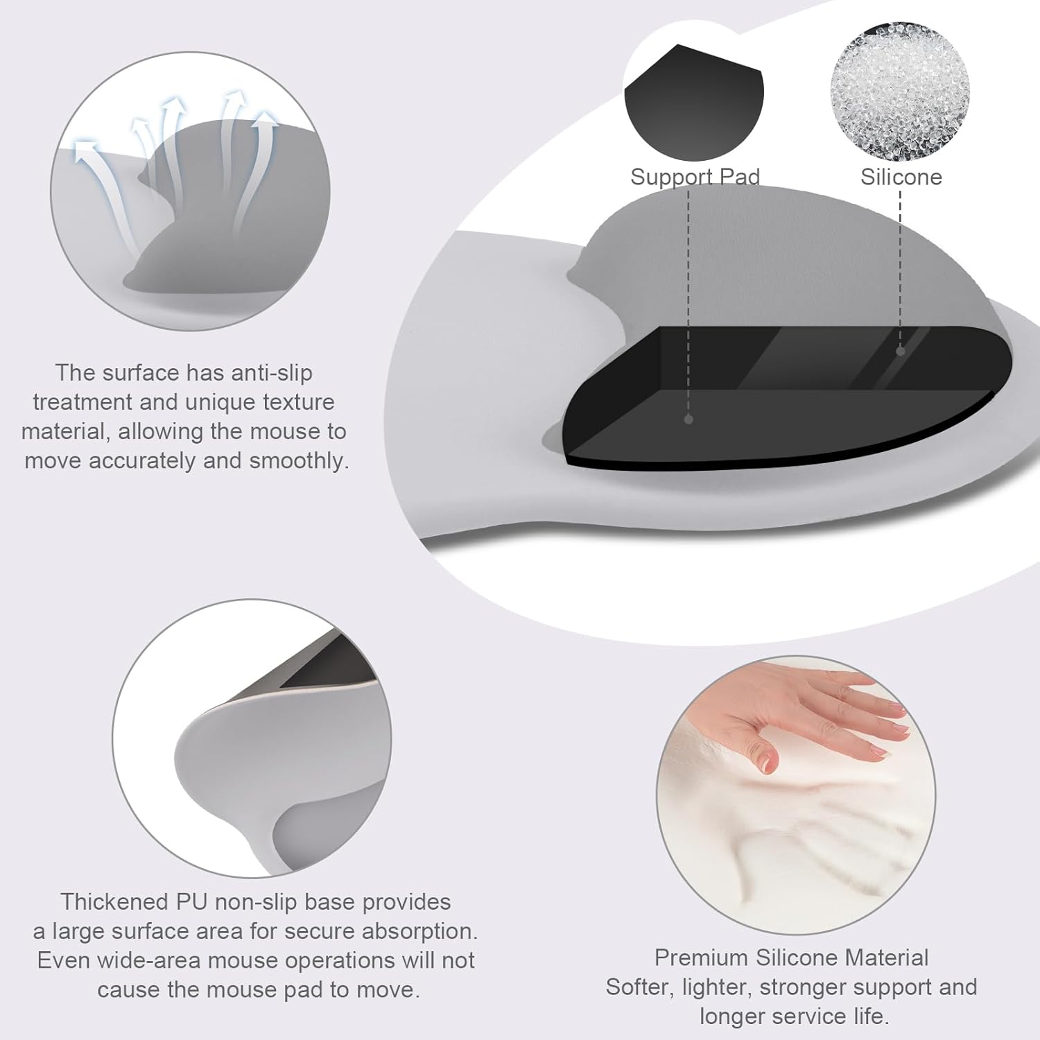 Support Pad Silicone

- The surface has anti-slip treatment and unique texture material, allowing the mouse to move accurately and smoothly.
- Thickened PU non-slip base provides a large surface area for secure absorption. Even wide-area mouse operations will not cause the mouse pad to move.
- Premium Silicone Material: Softer, lighter, stronger support and longer service life.