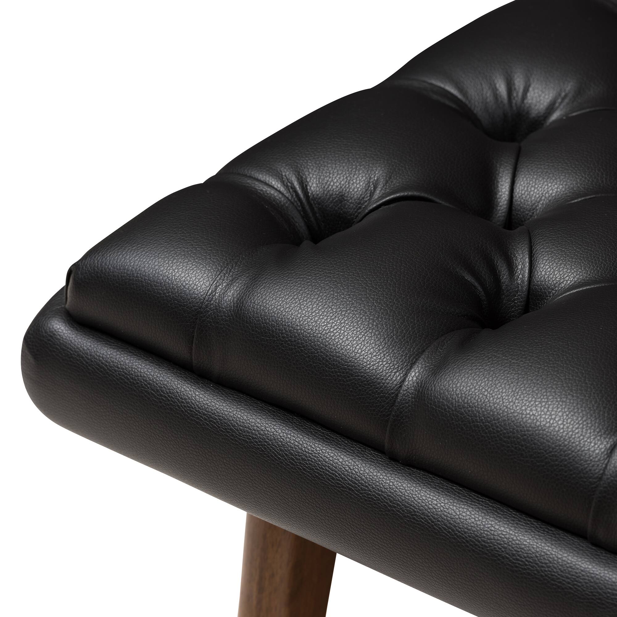 Back. Baxton Studio - Annetha Mid-Century Modern Faux Leather Upholstered Walnut Finished Wood Ottoman - Black.