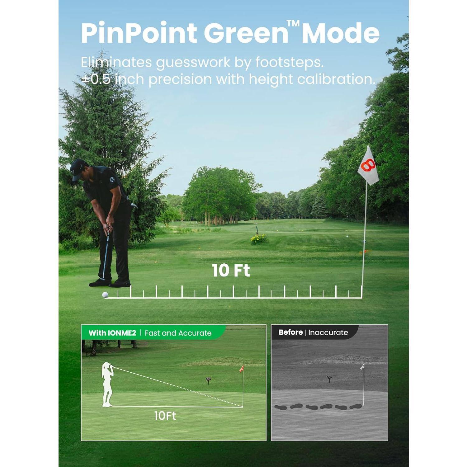 PinPoint Green™ Mode  
Eliminates guesswork by footsteps.  
+0.5 inch precision with height calibration.  

10 Ft  

With IONME2 | Fast and Accurate  

Before | Inaccurate  

10Ft
