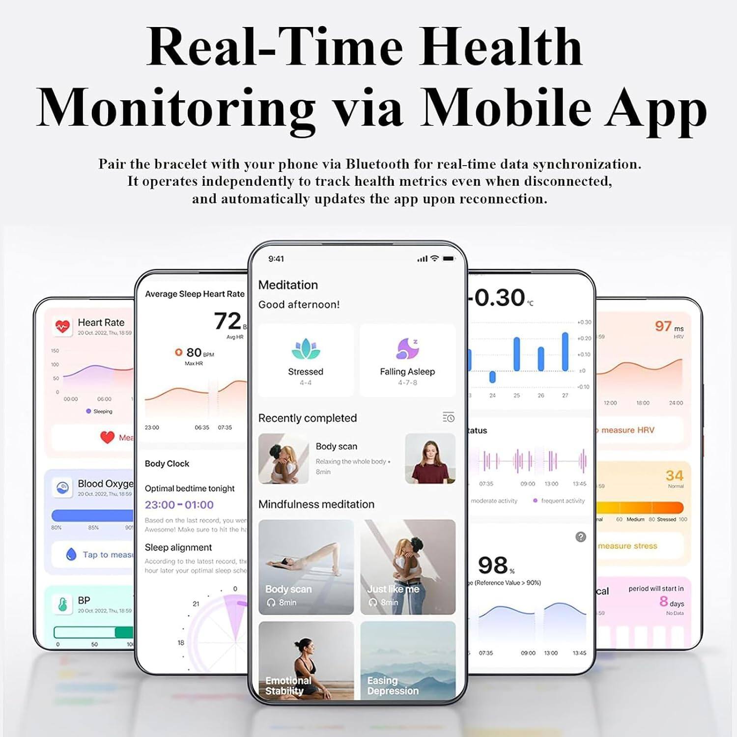 Real-Time Health Monitoring via Mobile App

Pair the bracelet with your phone via Bluetooth for real-time data synchronization. It operates independently to track health metrics even when disconnected, and automatically updates the app upon reconnection.

9:41
Heart Rate: 72
Average Sleep Heart Rate: 72
Meditation: Good afternoon!
Stressed: 0.30
Falling Asleep: 97 ms
Recently completed: 23:00 - 06:35
Body Clock: Optimal bedtime tonight
Mindfulness meditation
Sleep alignment
Body scan
Blood Oxygen: 98% (Reference Value > 90%)
BP: 21

Measure HRV: 34
Measure stress: 98%
Easing Depression