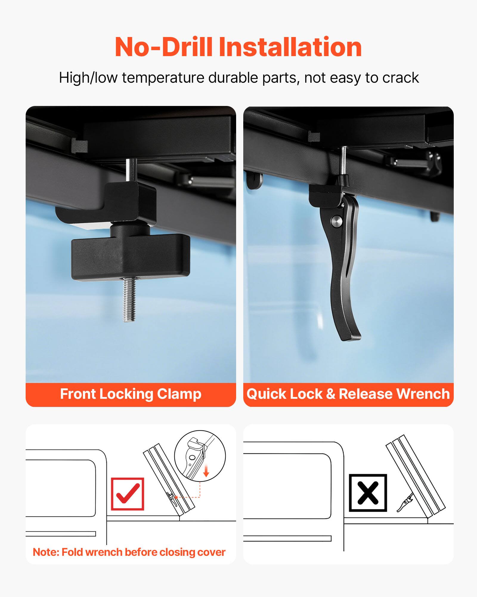 No-Drill Installation  
High/low temperature durable parts, not easy to crack  

Front Locking Clamp  
Quick Lock & Release Wrench  

Note: Fold wrench before closing cover