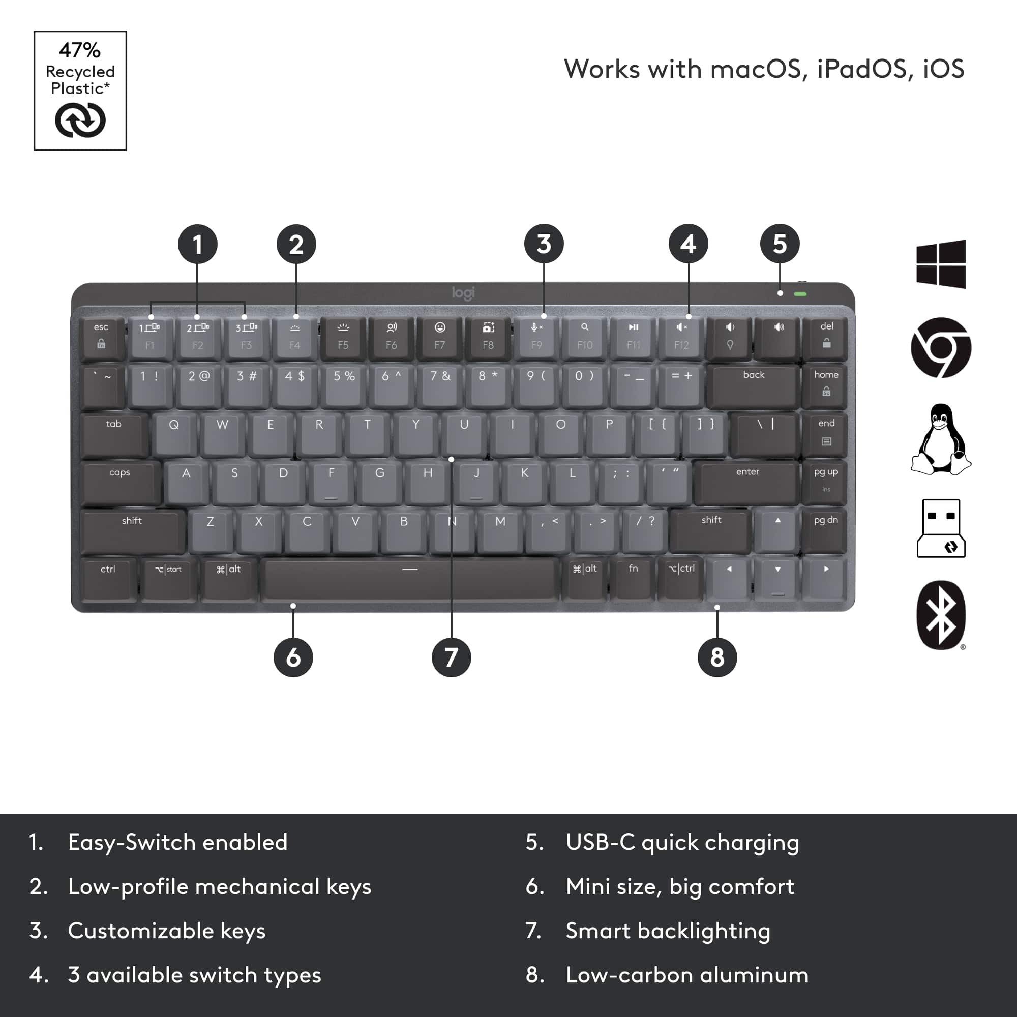 1. Easy-Switch enabled
2. Low-profile mechanical keys
3. Customizable keys
4. 3 available switch types
5. USB-C quick charging
6. Mini size, big comfort
7. Smart backlighting
8. Low-carbon aluminum