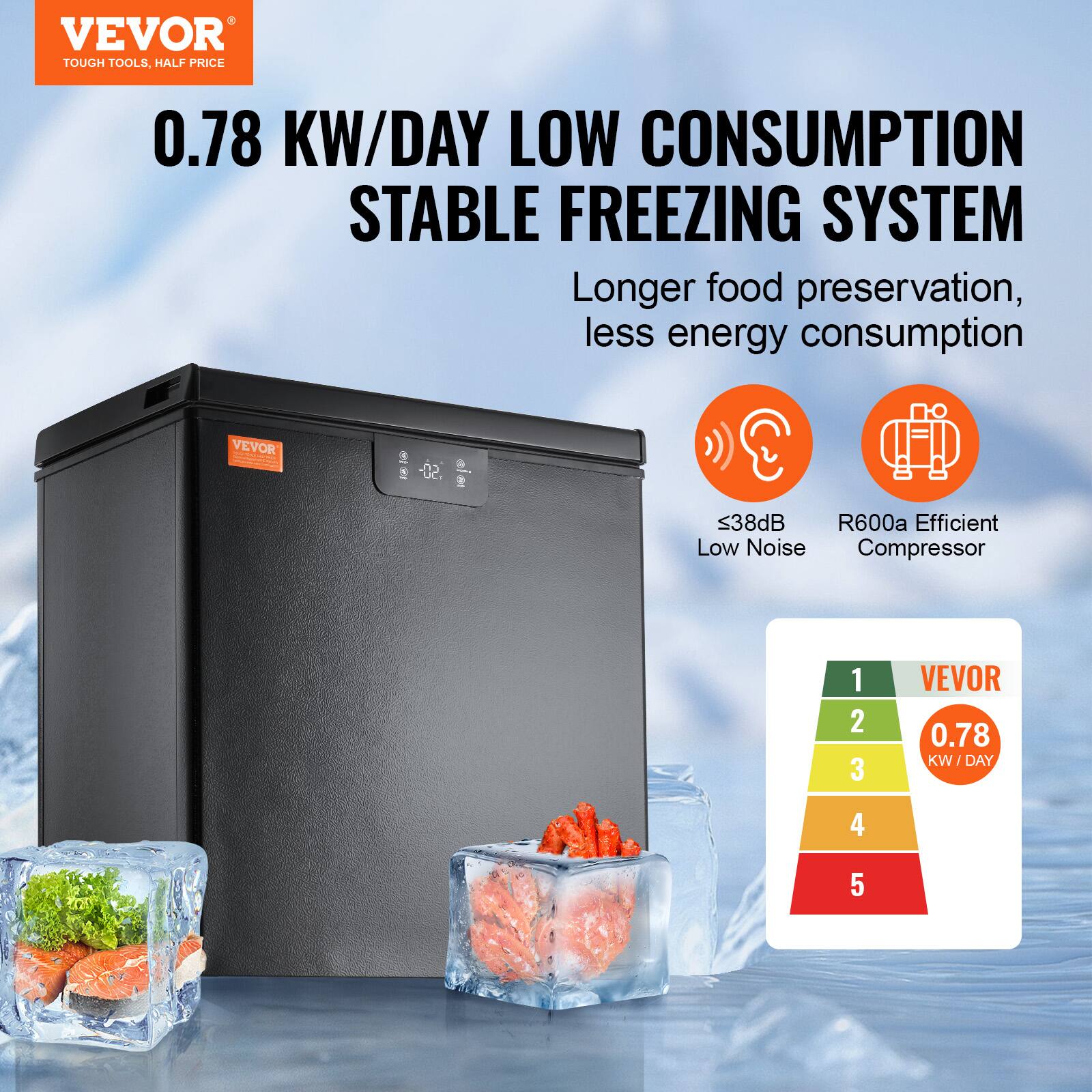 VEVOR  
TOUGH TOOLS, HALF PRICE  

0.78 KW/DAY LOW CONSUMPTION STABLE FREEZING SYSTEM  

Longer food preservation, less energy consumption  

VEVOR  
A 50  
S38dB  
R600a Efficient Low Noise Compressor  

≤38dB Low Noise  
R600a Efficient Compressor  

VEVOR  
0.78 KW/DAY  

1  
2  
3  
4  
5