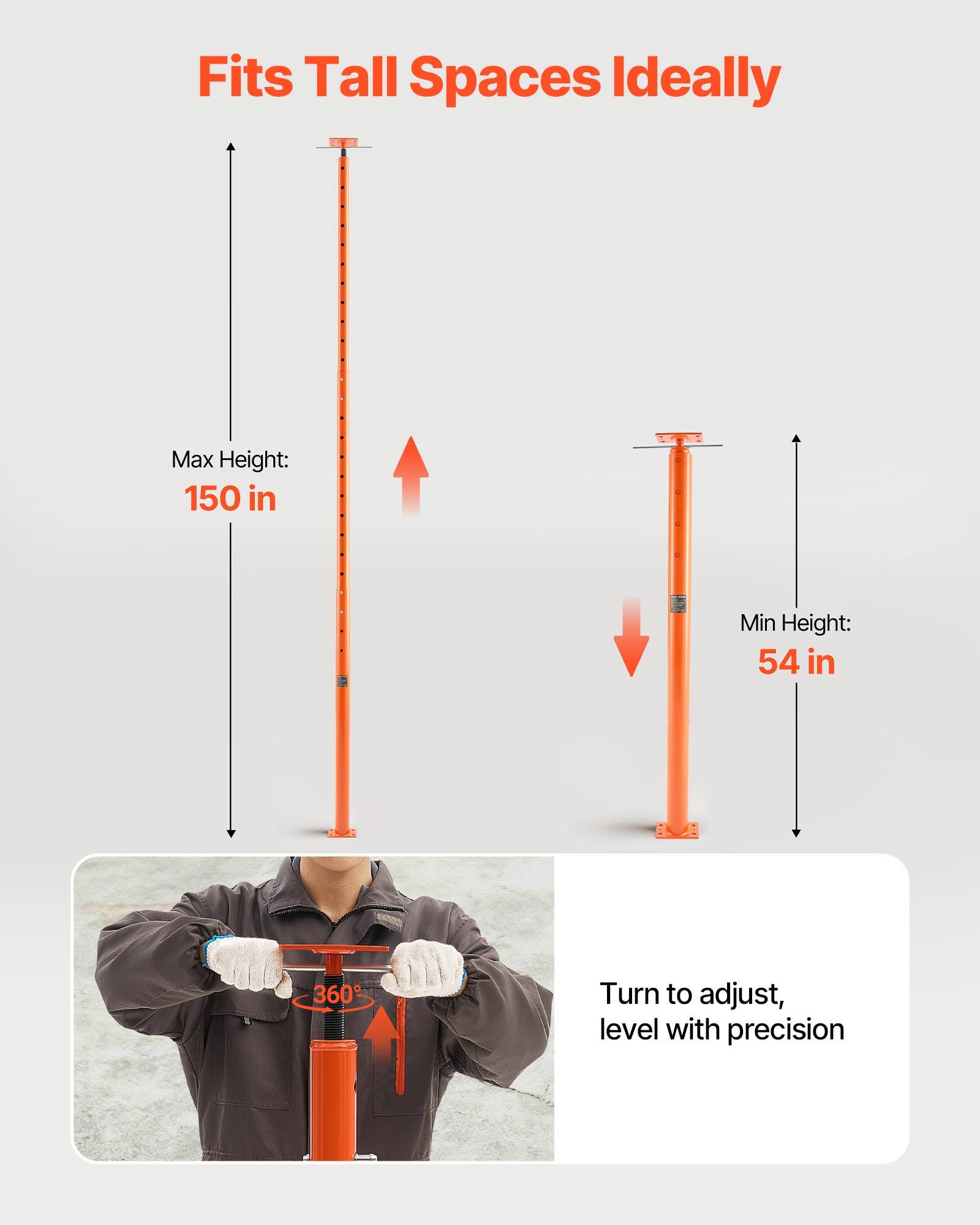 Fits Tall Spaces Ideally  
Max Height: 150 in  
Min Height: 54 in  
360° Turn to adjust, level with precision