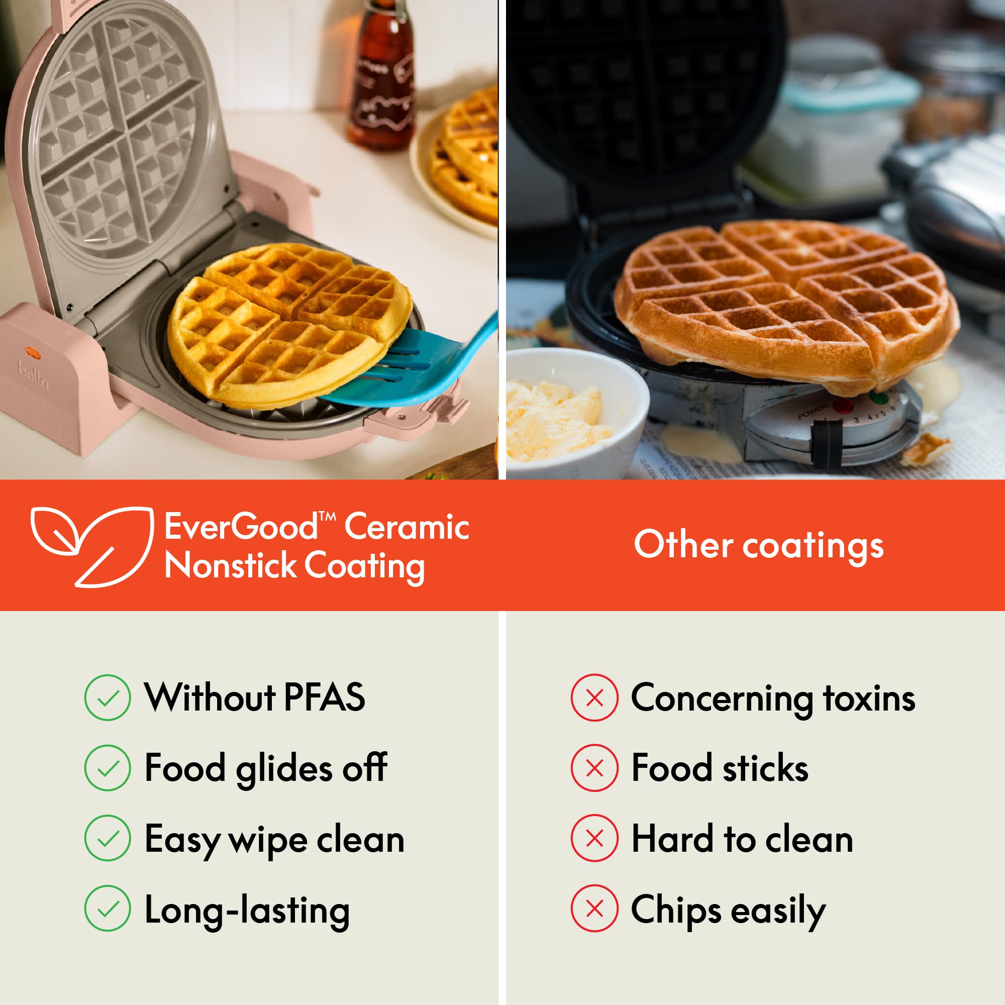 EverGood™ Ceramic Nonstick Coating
- Without PFAS
- Food glides off
- Easy wipe clean
- Long-lasting
Other coatings
- Concerning toxins
- Food sticks
- Hard to clean
- Chips easily