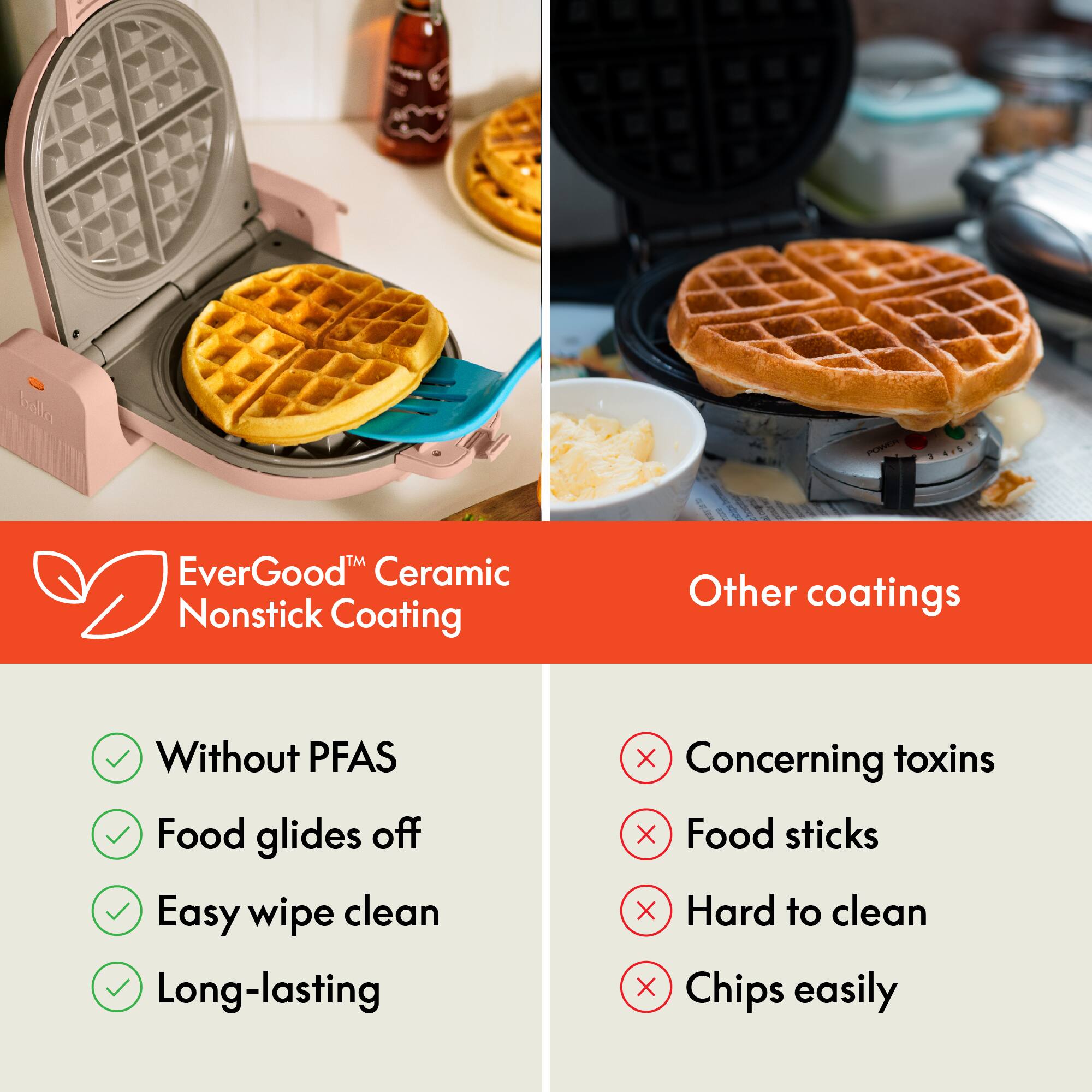 EverGood™ Ceramic Nonstick Coating

- Without PFAS
- Food glides off
- Easy wipe clean
- Long-lasting

Other coatings

- Concerning toxins
- Food sticks
- Hard to clean
- Chips easily