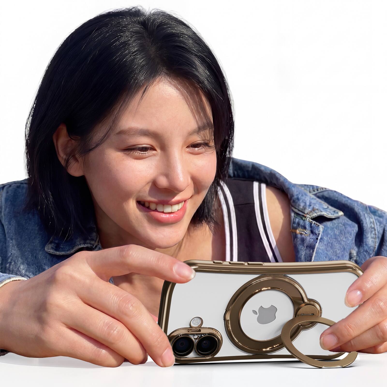 Alt View 4. Dteck - Magnetic Case for Apple iPhone 17 with 360 Ring Stand and Strap, Shockproof TPU Protective Cover Built-in Lens Protector - Gold.