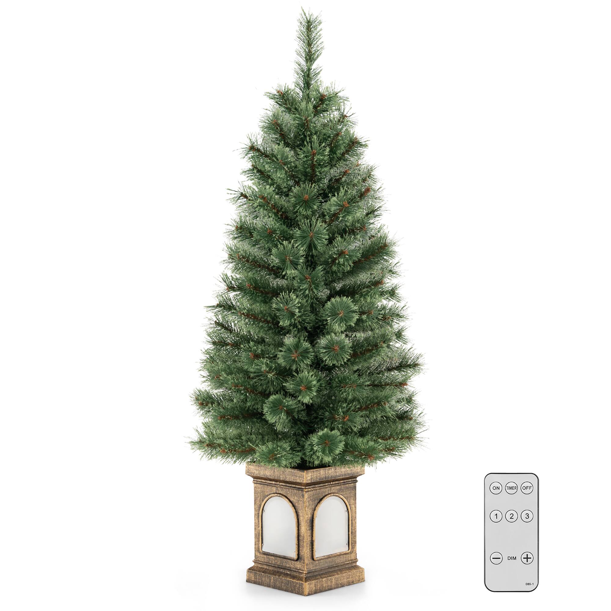 Alt View 19. Costway - 1 PCS 4 FT Pre-Lit Potted Christmas Tree Pine Needles 3 Dynamic Modes Remote Control - Green/Gold.