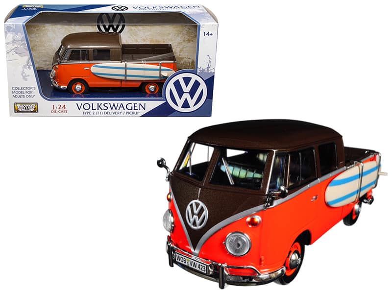 Volkswagen Type 2 (T1) Pickup with Surfboard Brown & Orange 1/24 Diecast Model Car by Motormax