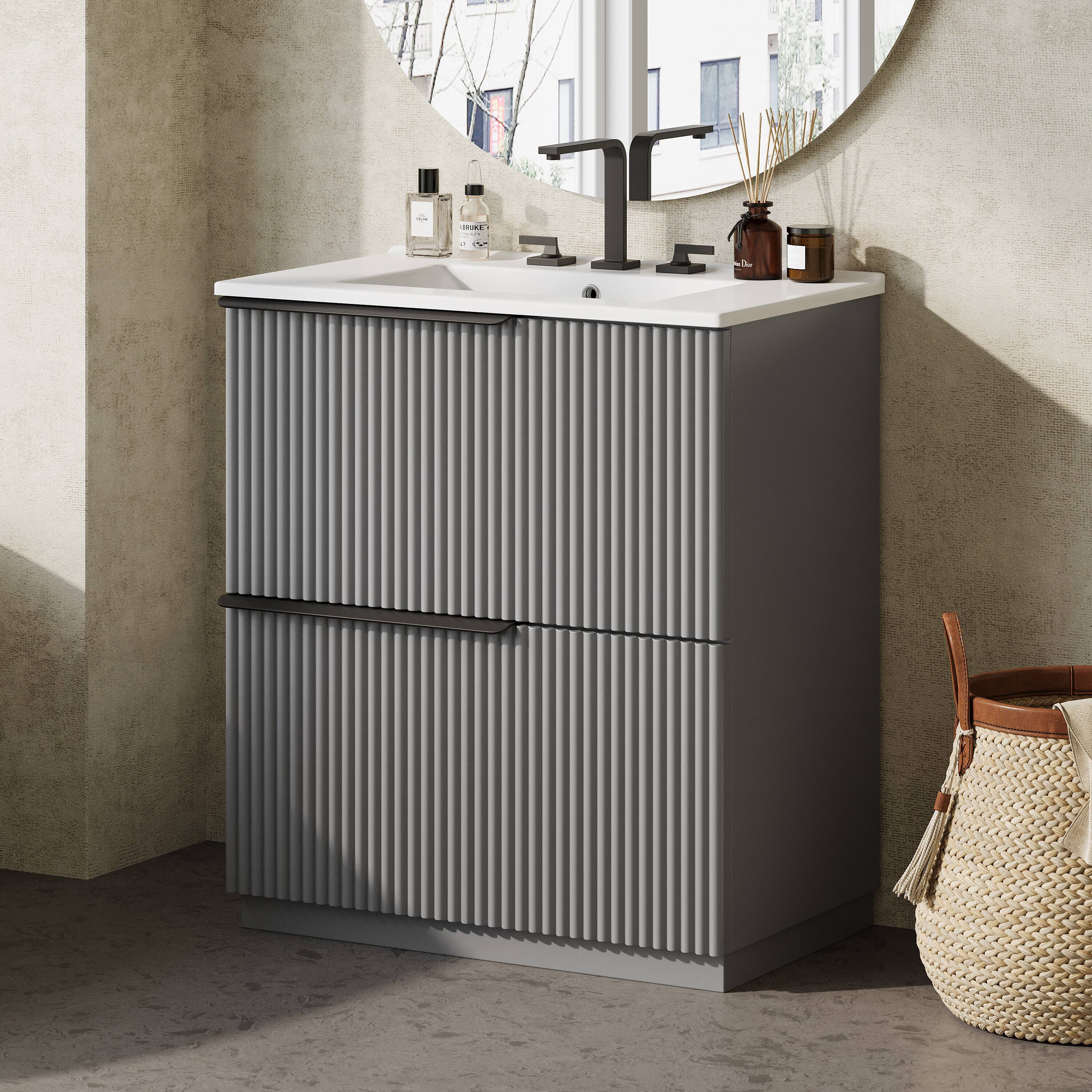 Back. Loheer - 2.5 ft Bathroom Vanity with Ceramic Sink, Soft-Close Full-Extension Drawers - Gray.