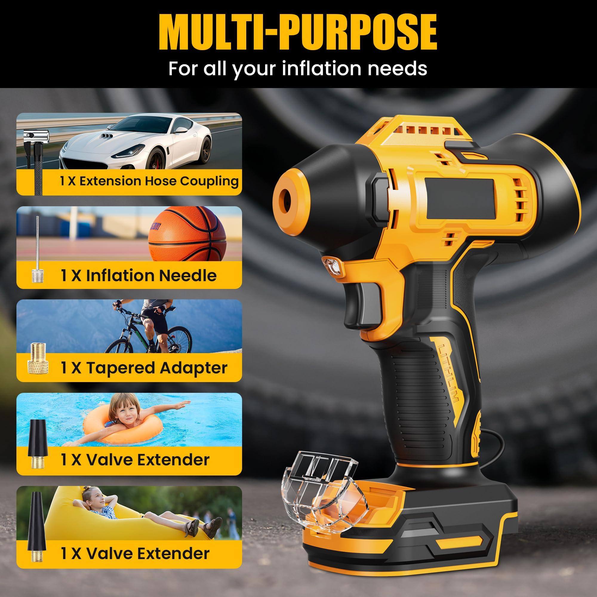 MULTI-PURPOSE  
For all your inflation needs

1 X Extension Hose Coupling  
1 X Inflation Needle  
1 X Tapered Adapter  
1 X Valve Extender  
1 X Valve Extender