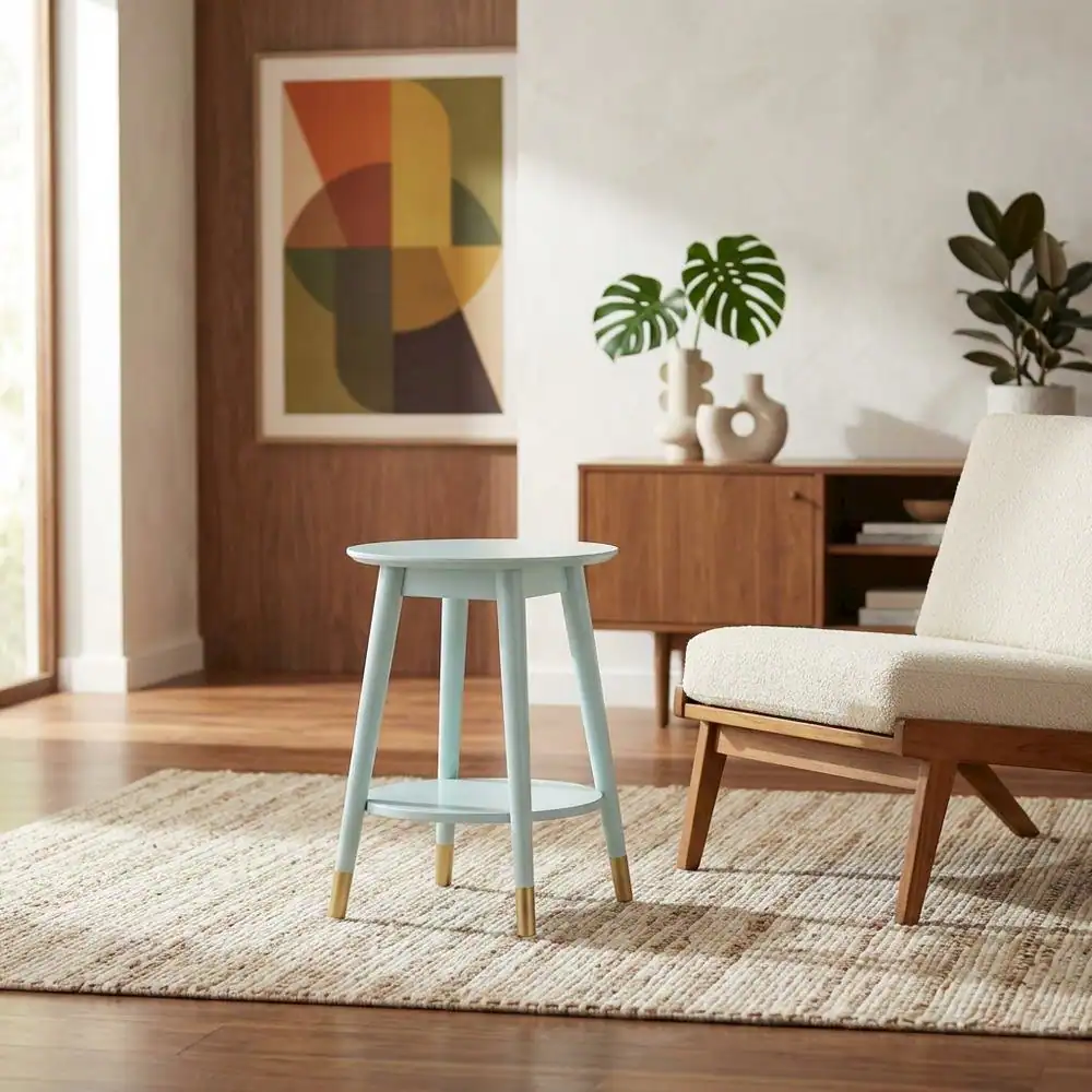 Alt View 1. FurniFact - Mid Century Round End Table with Bottom Shelf for Living Room Space - Blue.