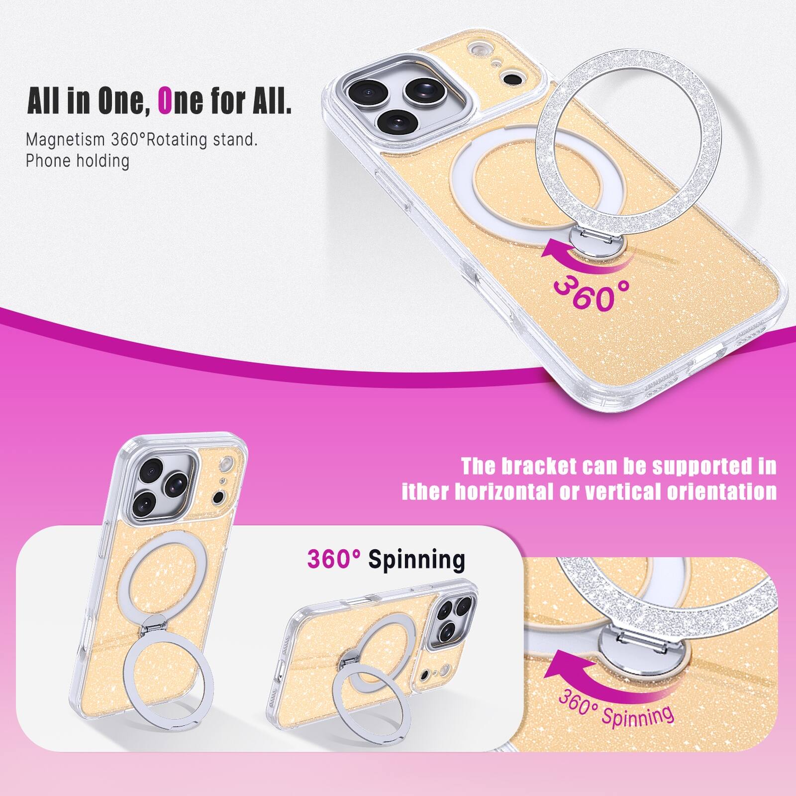 All in One, One for All.  
Magnetism 360° Rotating stand.  
Phone holding  

The bracket can be supported in either horizontal or vertical orientation  

360° Spinning  
360° Spinning