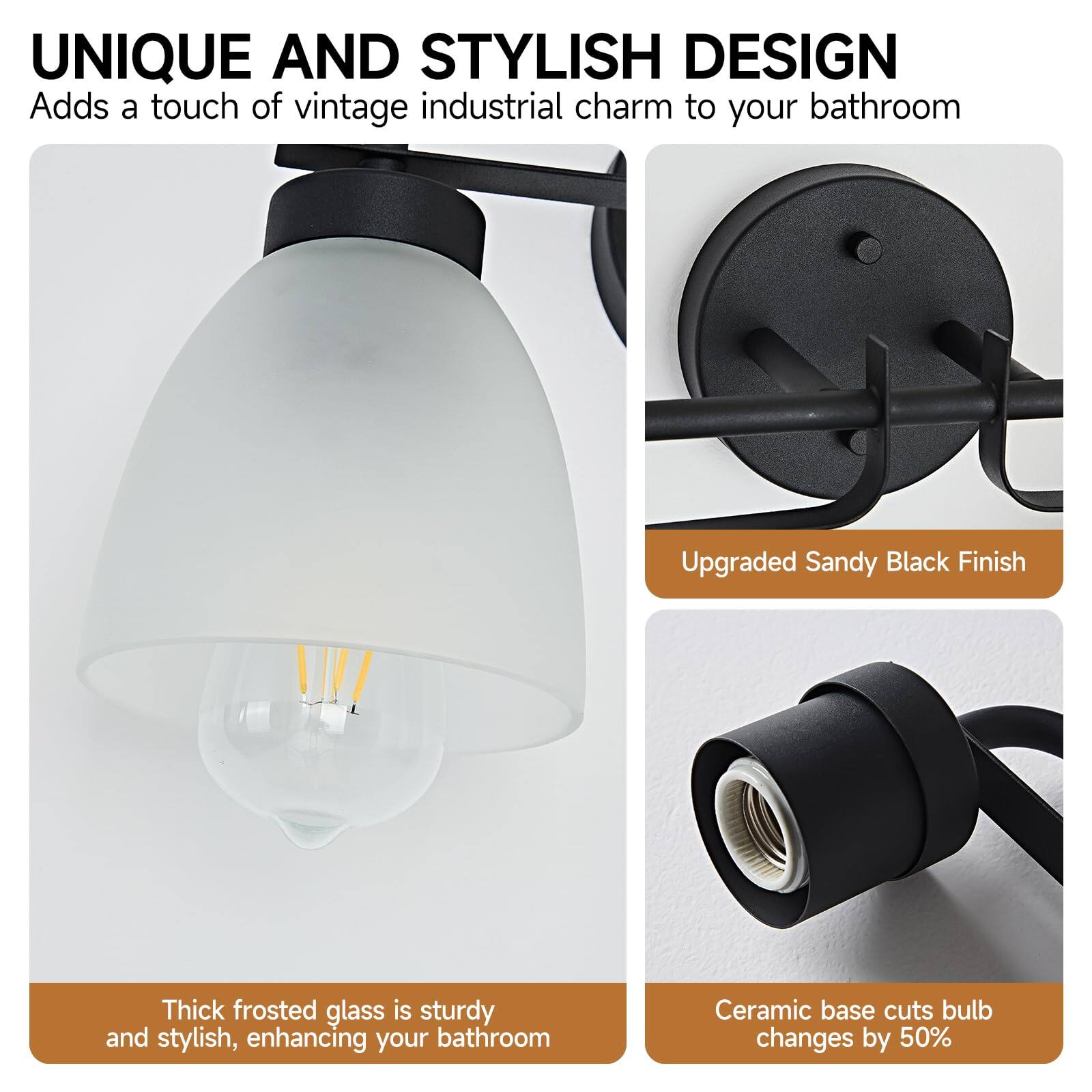 **UNIQUE AND STYLISH DESIGN**  
Adds a touch of vintage industrial charm to your bathroom  

- Thick frosted glass is sturdy and stylish, enhancing your bathroom  
- Upgraded Sandy Black Finish  
- Ceramic base cuts bulb changes by 50%
