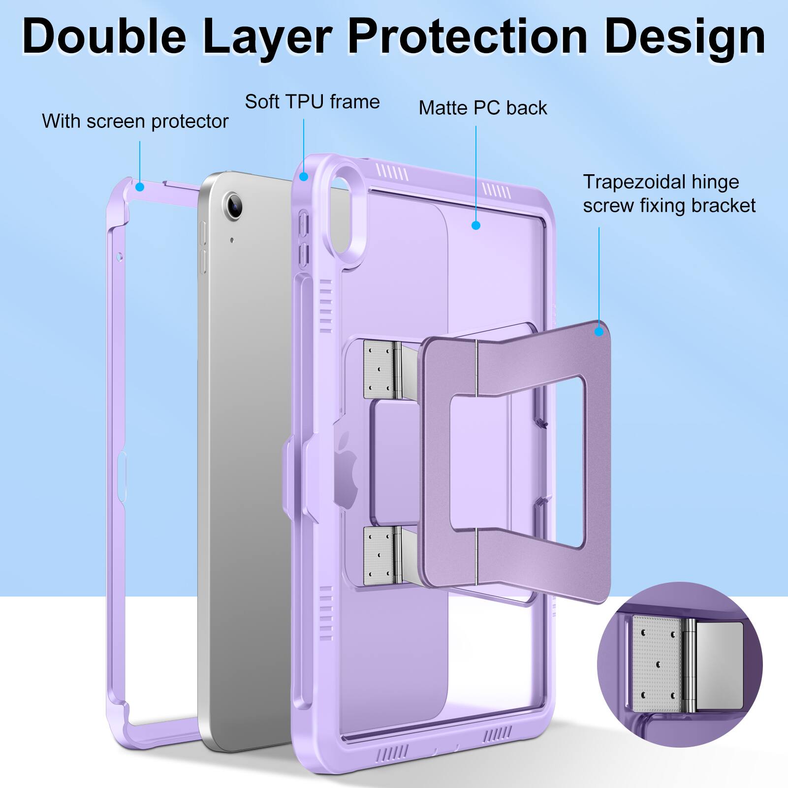 Double Layer Protection Design

- With screen protector
- Soft TPU frame
- Matte PC back
- Trapezoidal hinge screw fixing bracket