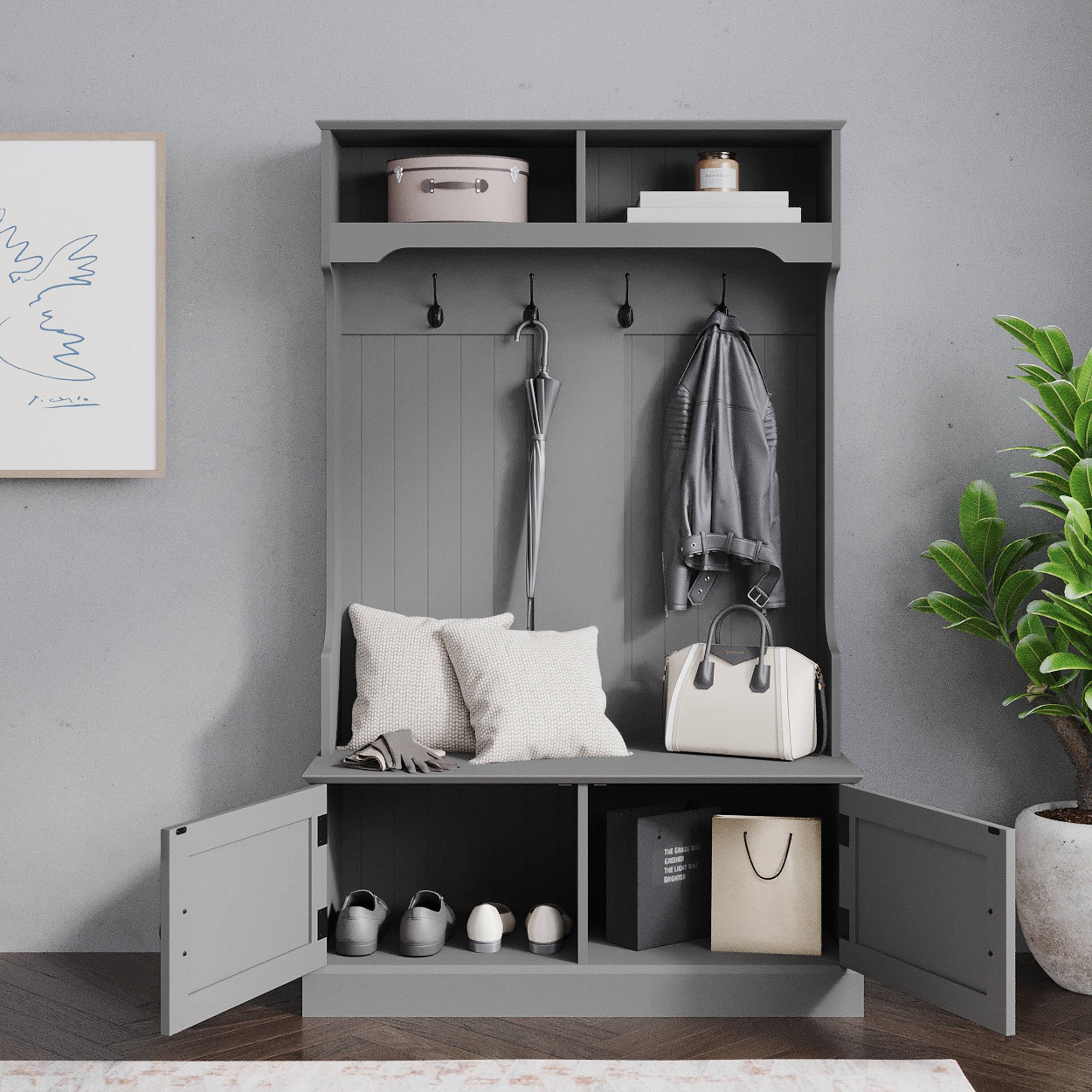 Alt View 3. Emma + Oliver - Lindy Hallway Tree with Storage Bench, Coat Hooks, and Upper Storage Compartments - Gray.