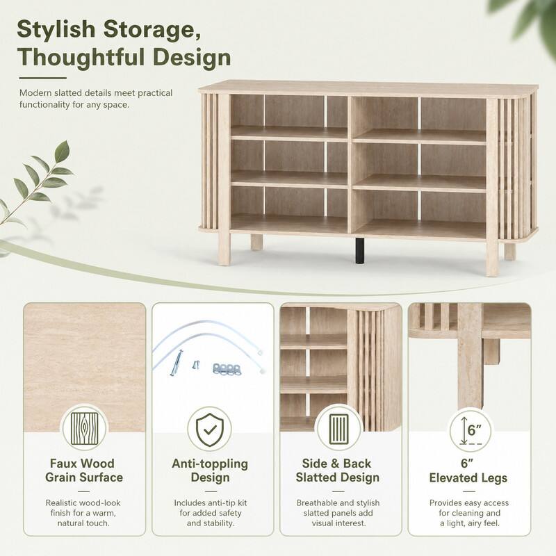 Stylish Storage, Thoughtful Design

Modern slatted details meet practical functionality for any space.

- Faux Wood Grain Surface
  - Realistic wood-look finish for a warm, natural touch.

- Anti-toppling Design
  - Includes anti-tip kit for added safety and stability.

- Side & Back Slatted Design
  - Breathable and stylish slatted panels add visual interest.

- 6" Elevated Legs
  - Provides easy access for cleaning and a light, airy feel.