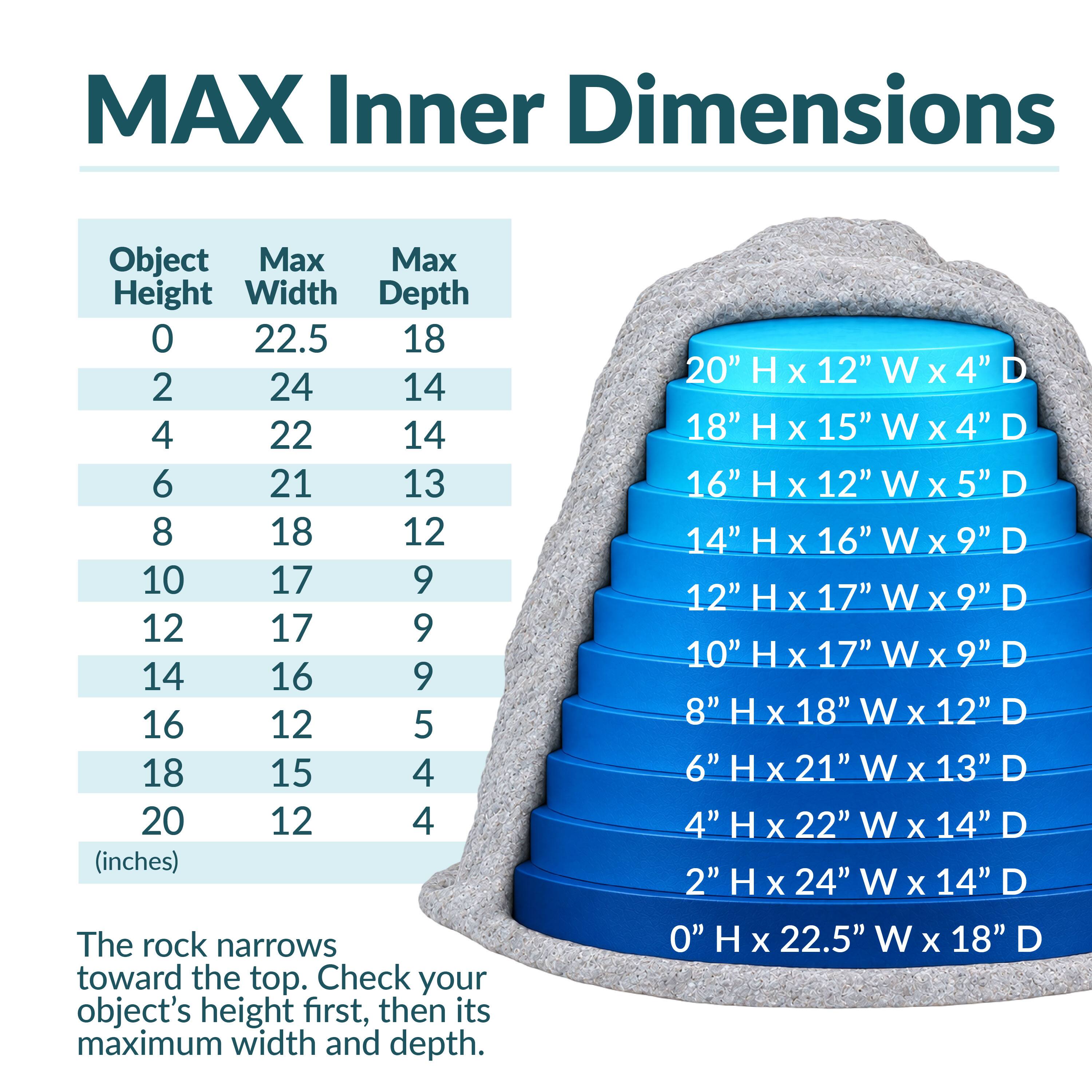 MAX Inner Dimensions

Object Height | Max Width | Max Depth
--- | --- | ---
0 | 22.5 | 18
2 | 24 | 14
4 | 22 | 14
6 | 21 | 13
8 | 18 | 12
10 | 17 | 9
12 | 17 | 9
14 | 16 | 9
16 | 12 | 5
18 | 15 | 4
20 | 12 | 4

(inches)

The rock narrows toward the top. Check your object's height first, then its maximum width and depth.

20" H x 12" W x 4" D  
18" H x 15" W x 4" D  
16" H x 12" W x 5" D  
14" H x 16" W x 9" D  
12" H x 17" W x 9" D  
10" H x 17" W x 9" D  
8" H x 