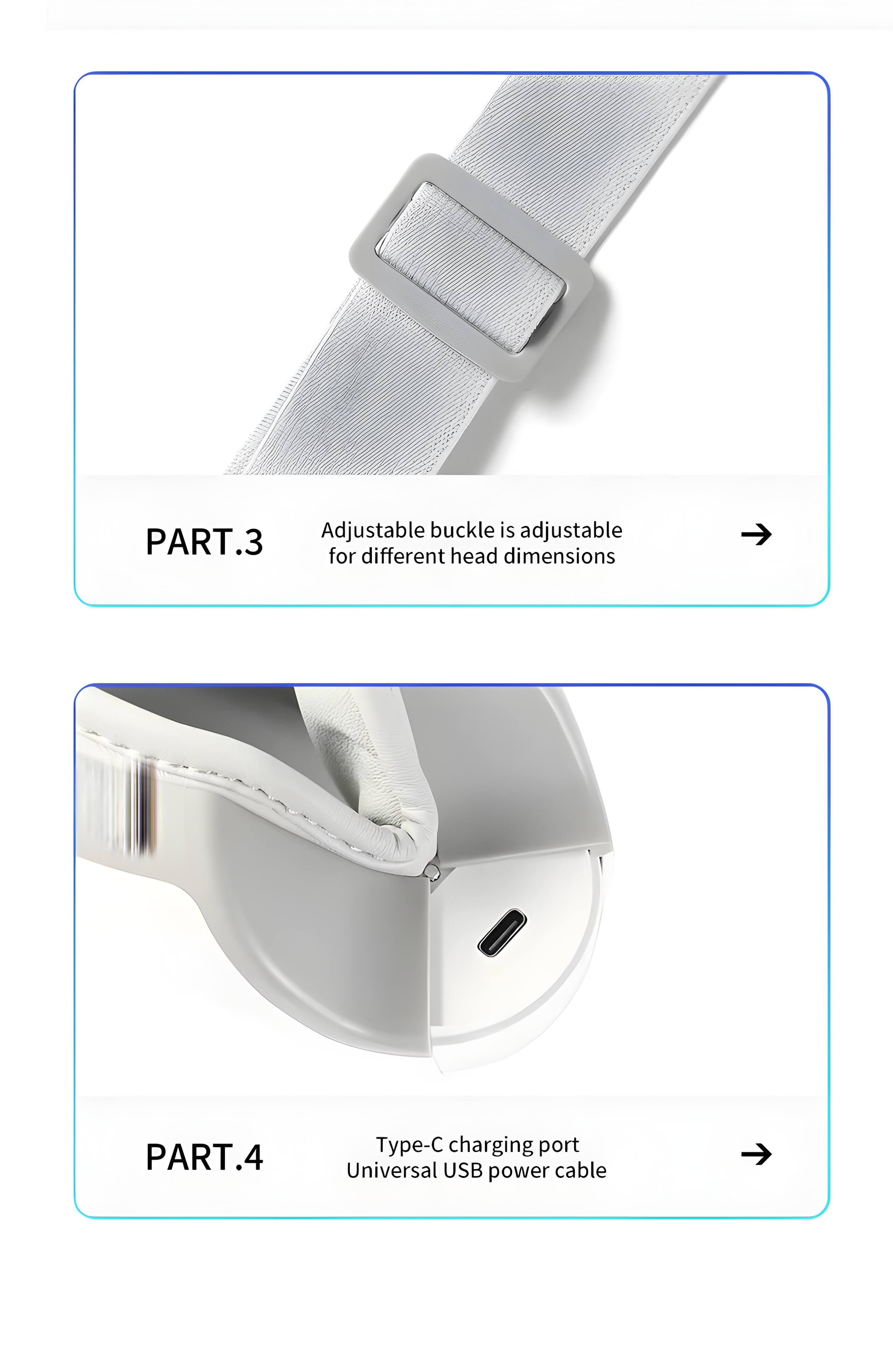 Adjustable buckle is adjustable PART.3 for different head dimensions  
PART.4 Type-C charging port Universal USB power cable
