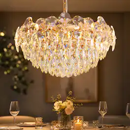 Siljoy - 24 Inch Round Luxury Crystal Chandelier, Modern Gold 4-Leaf Floral Pendant Light for Kitchen Living Room Foyer - Rose Gold