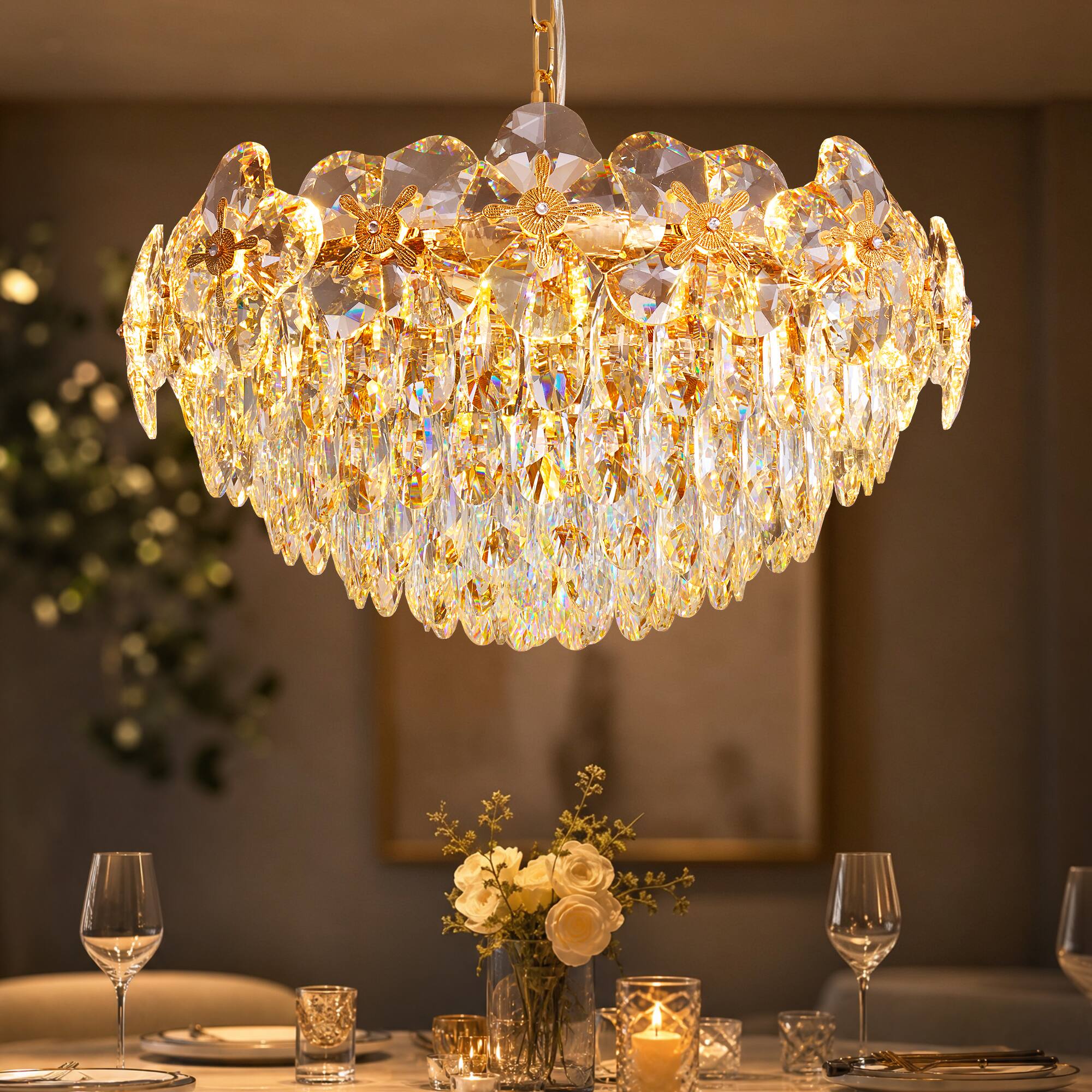 Front. Siljoy - 24 Inch Round Luxury Crystal Chandelier, Modern Gold 4-Leaf Floral Pendant Light for Kitchen Living Room  Foyer - Rose Gold.