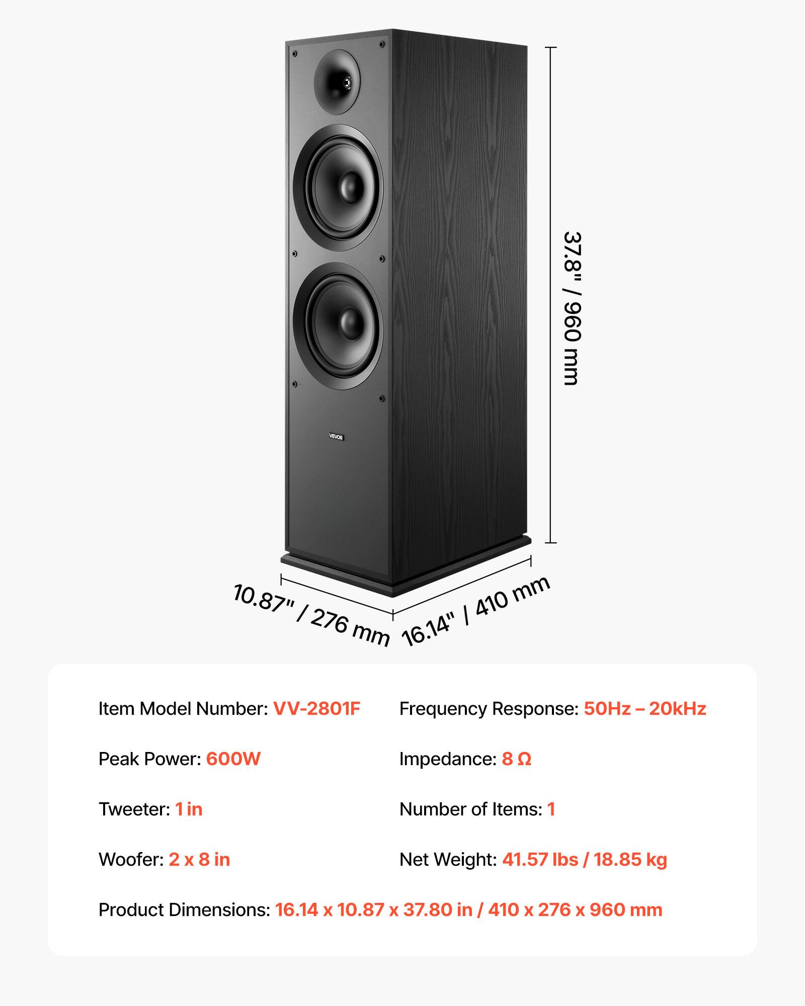 VEVOR - Floorstanding Tower Speaker, 2-Way Design with 1-Inch Tweeter, Dual 8-Inch Woofers, 600W Peak Output - Black - Thumbnail 5